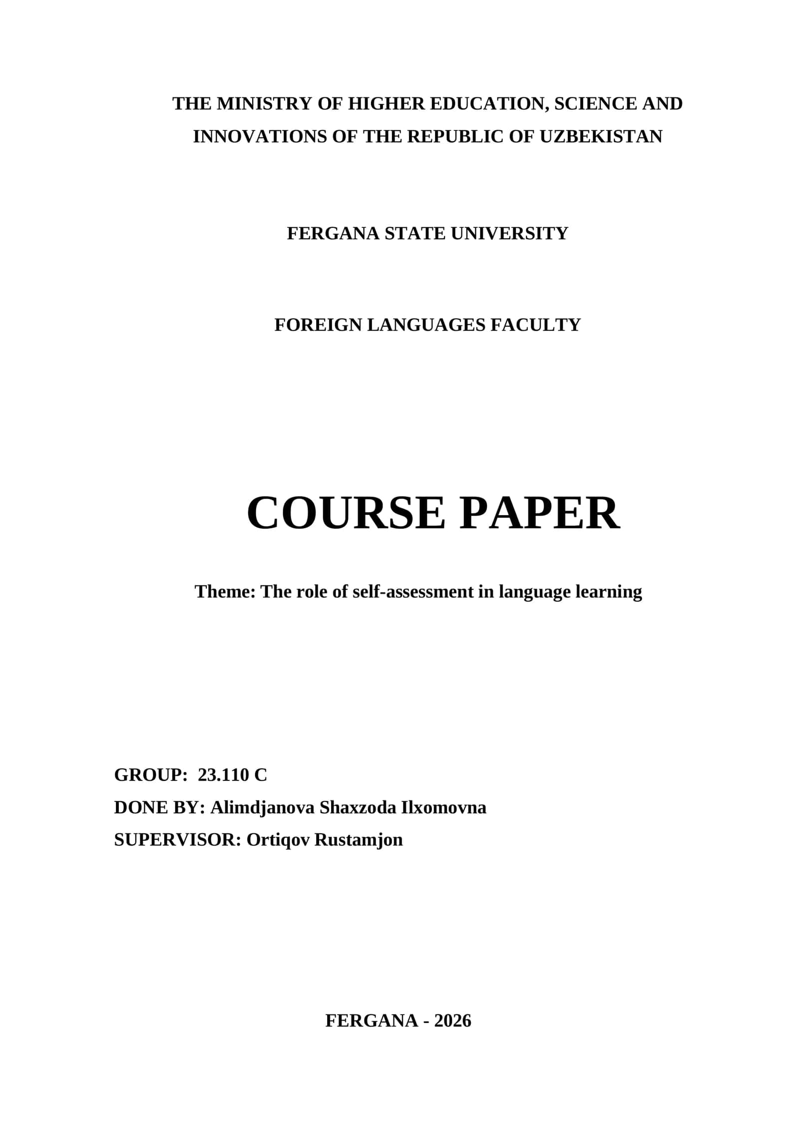 Course Paper: The Role of Self-Assessment in Language Learning 1