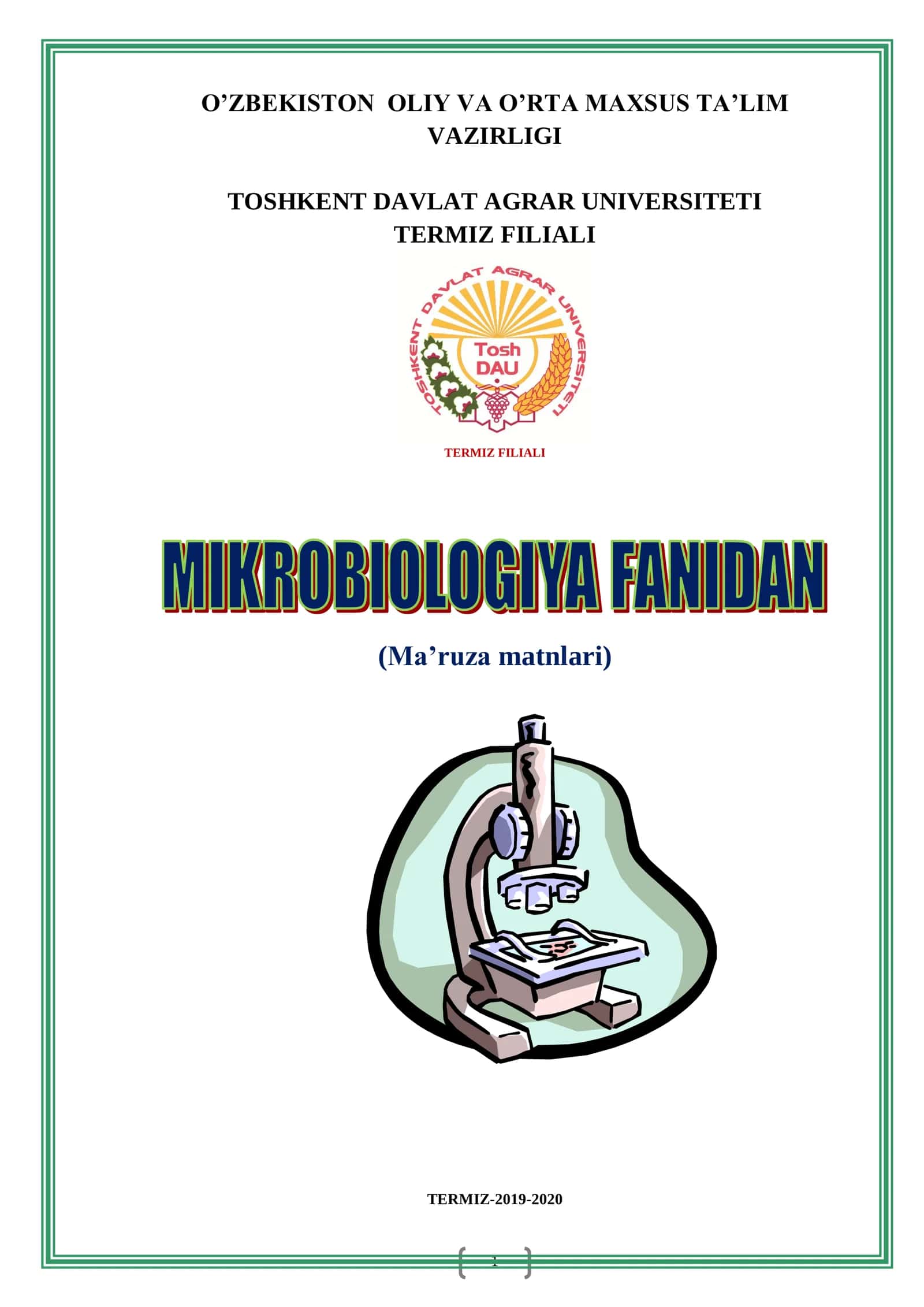 Ma’ruza matnlari: Mikrobiologiya 1