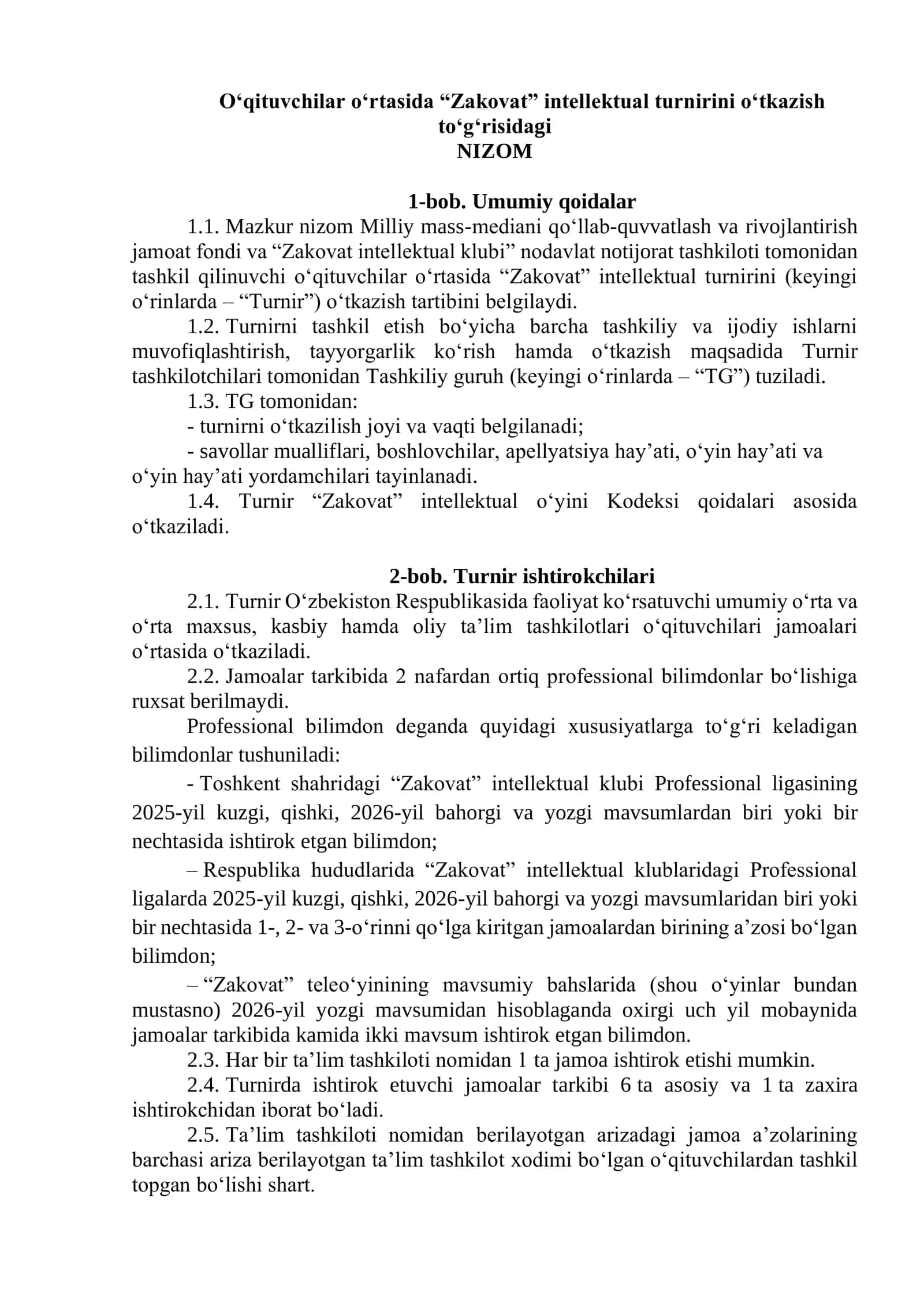 Zakovat intellektual turniri 1