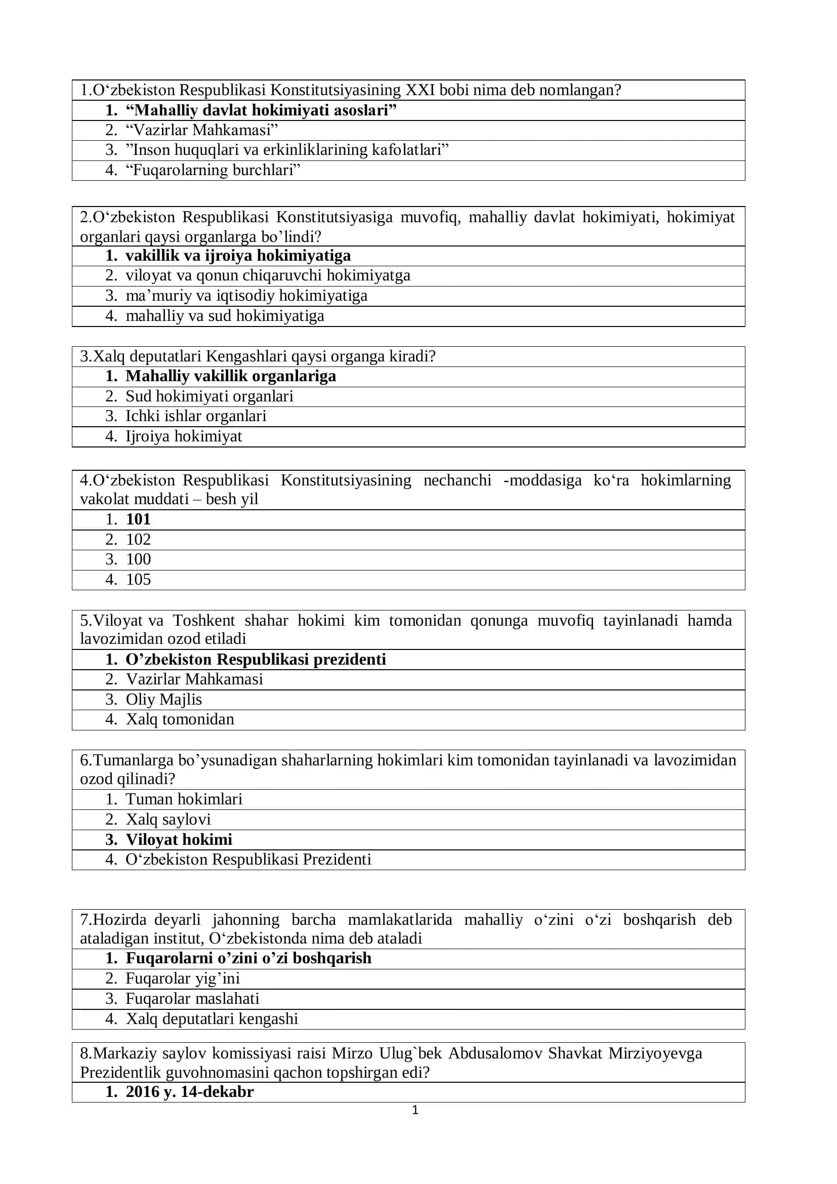 O'zbekistonning eng yangi tarixi fanidan yakuniy test javoblari 1