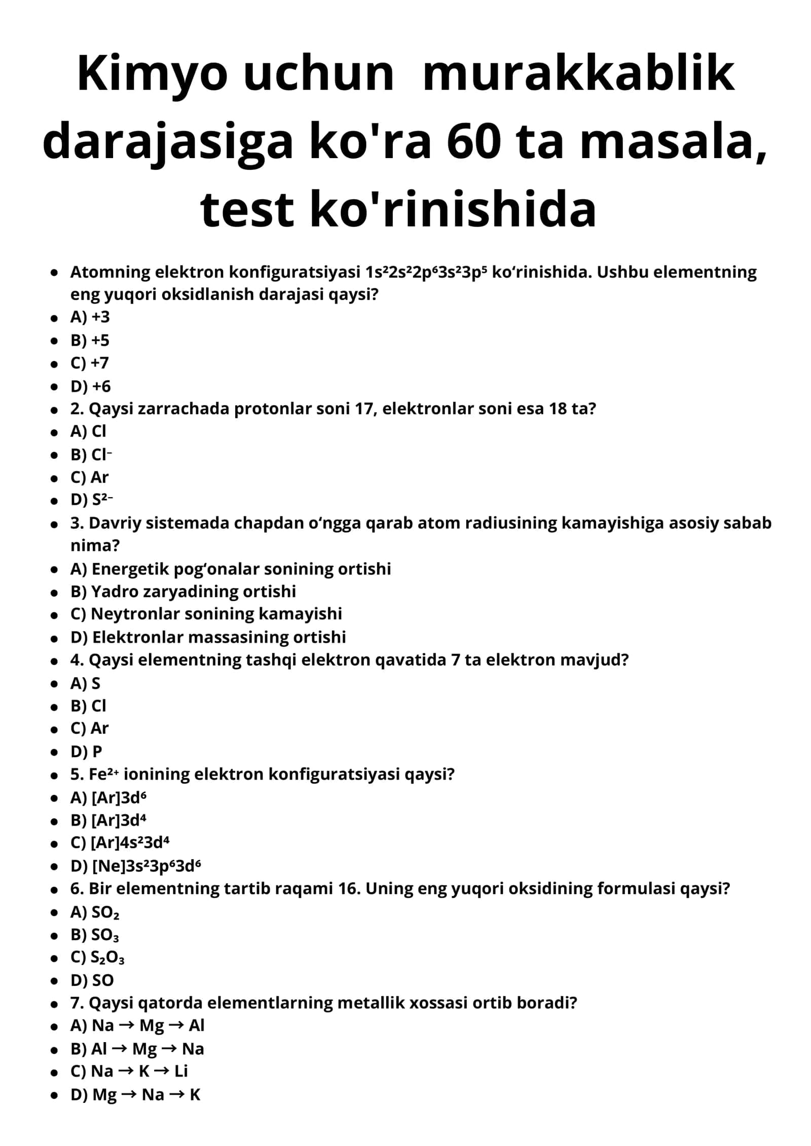 Kimyo uchun murakkablik darajasiga ko'ra 60 ta masala, DTM FORMATIDA KALITI BILAN 1