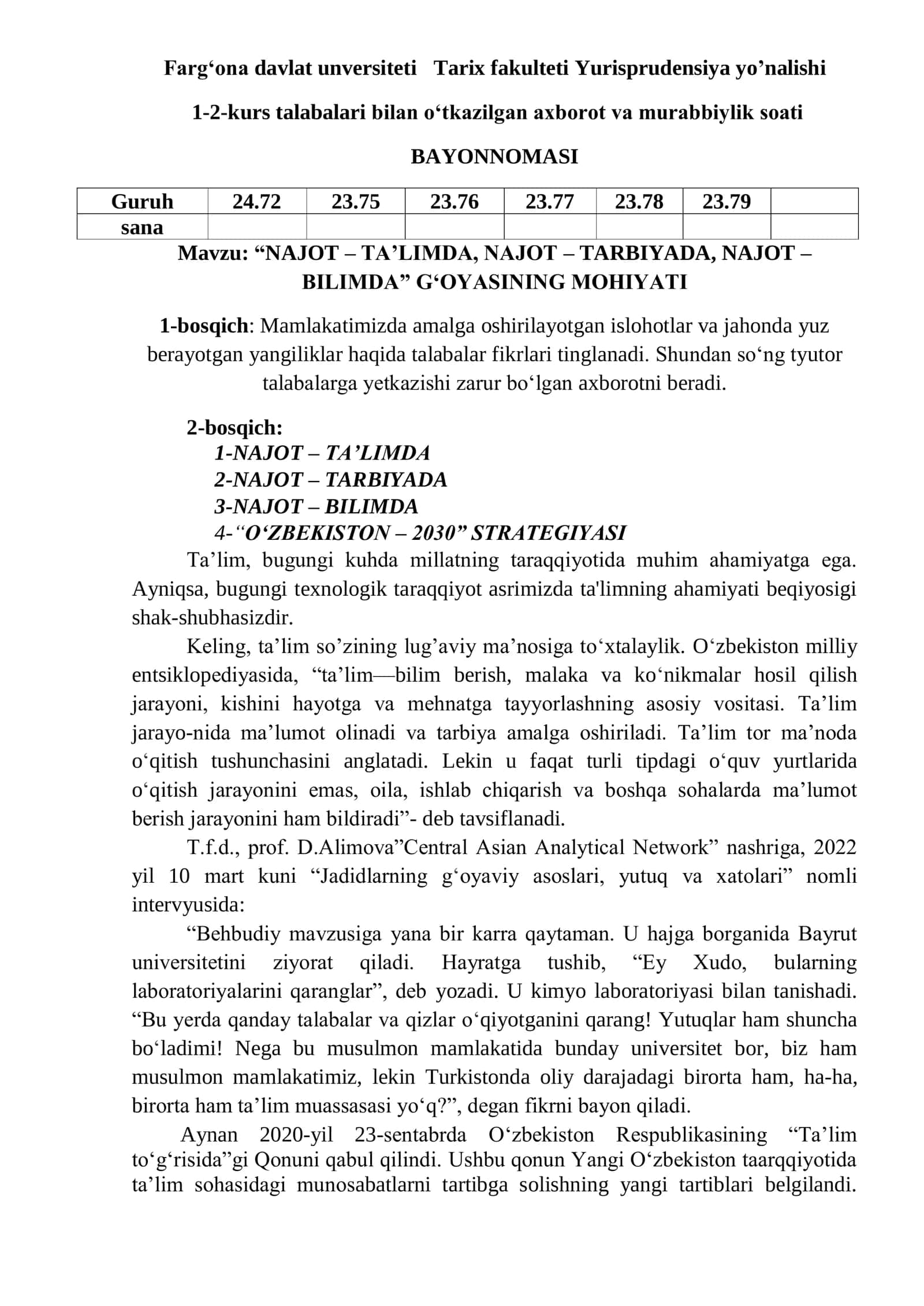 NAJOT – TA’LIMDA, NAJOT – TARBIYADA, NAJOT – 1