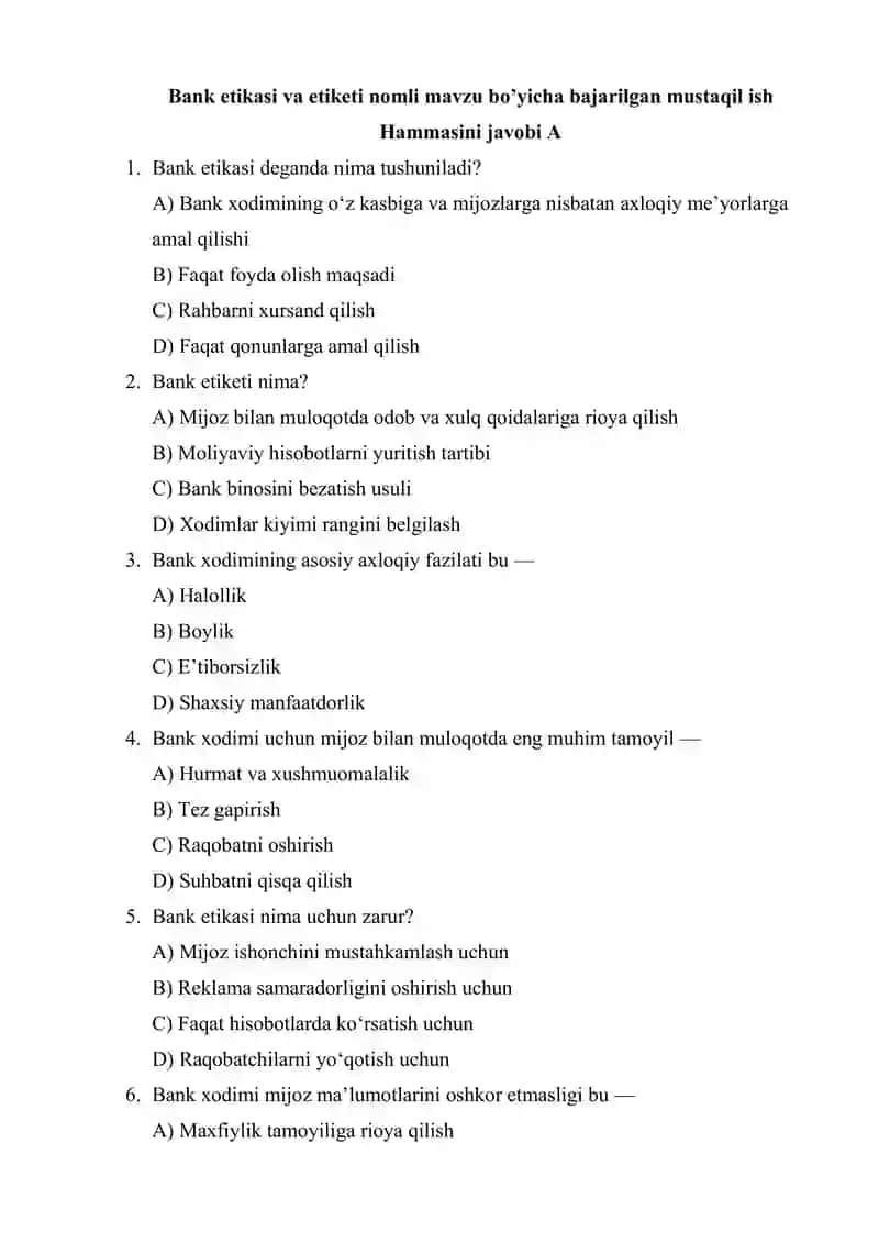 Bank etikasi va etiketi nomli 25 talik test