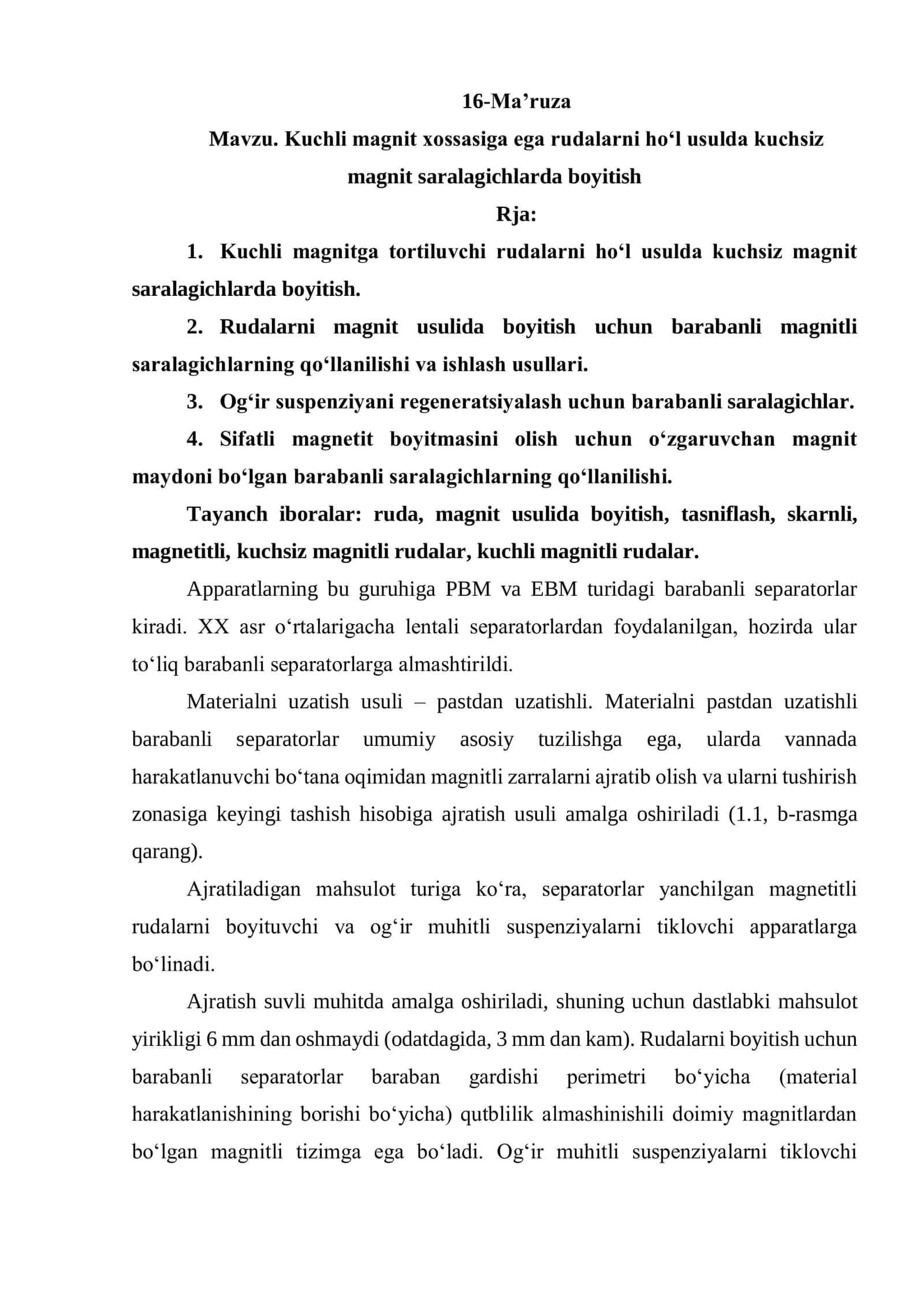 Kuchli magnit xossasiga ega rudalarni ho‘l usulda kuchsiz  magnit saralagichlarda boyitish 1