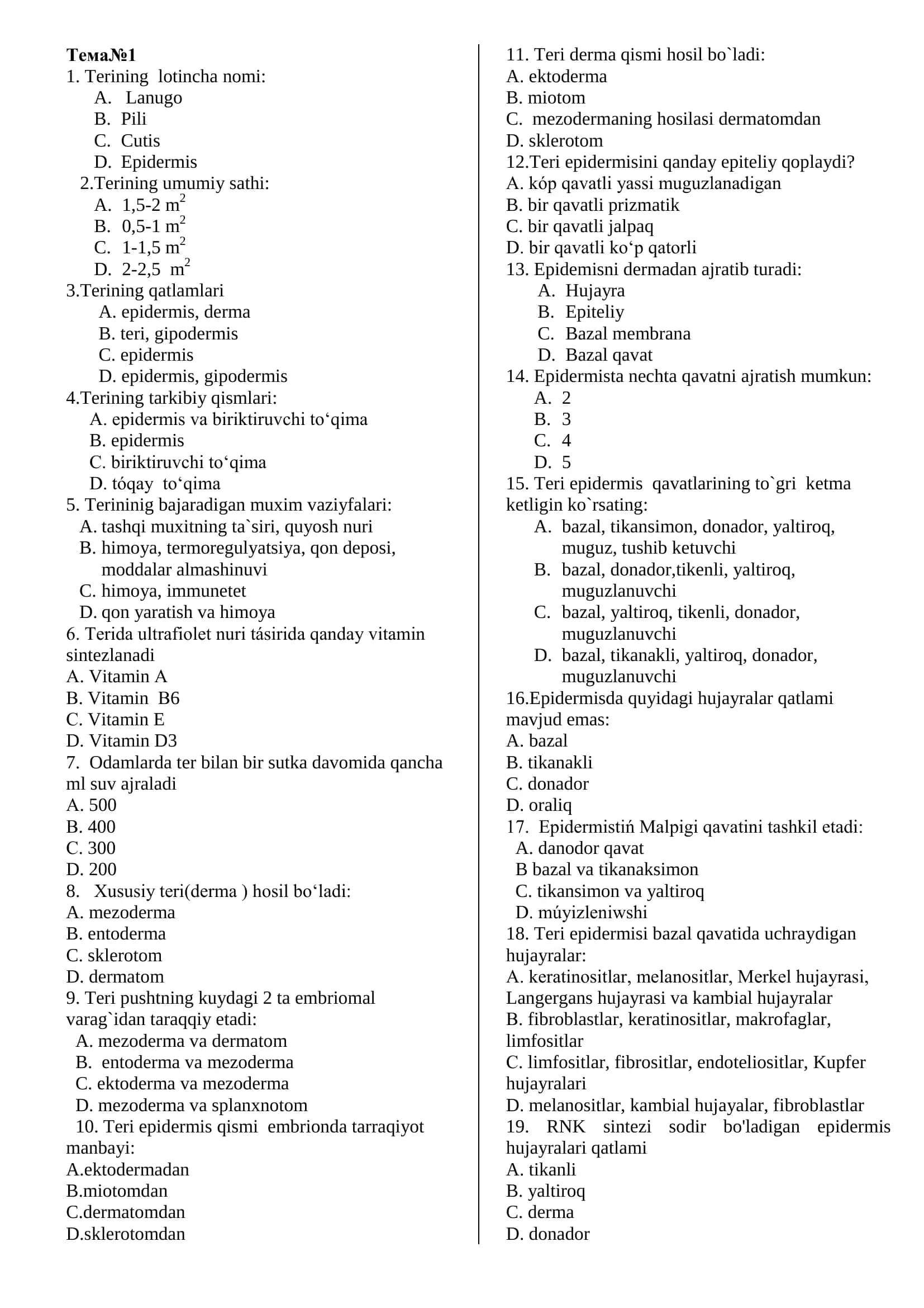 Gistologiya fanidan test toʻplami 1