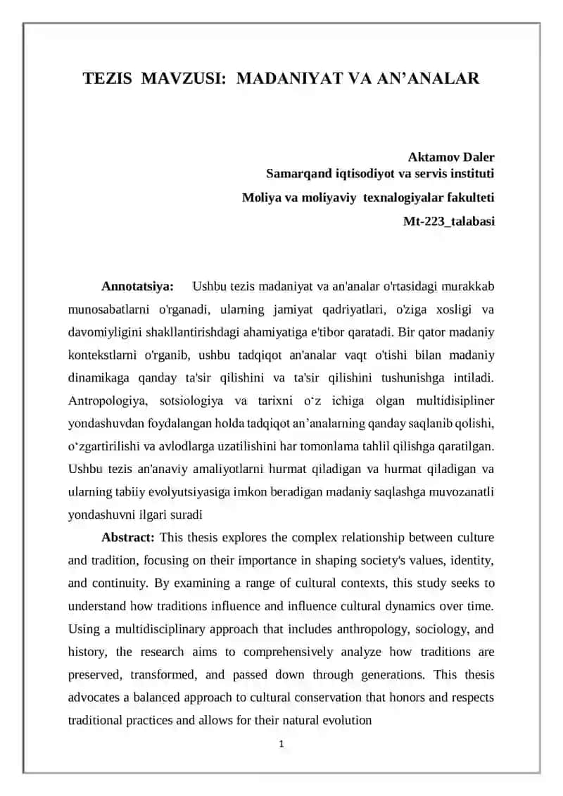 Tezis: Madaniyat va Anʼanalar
