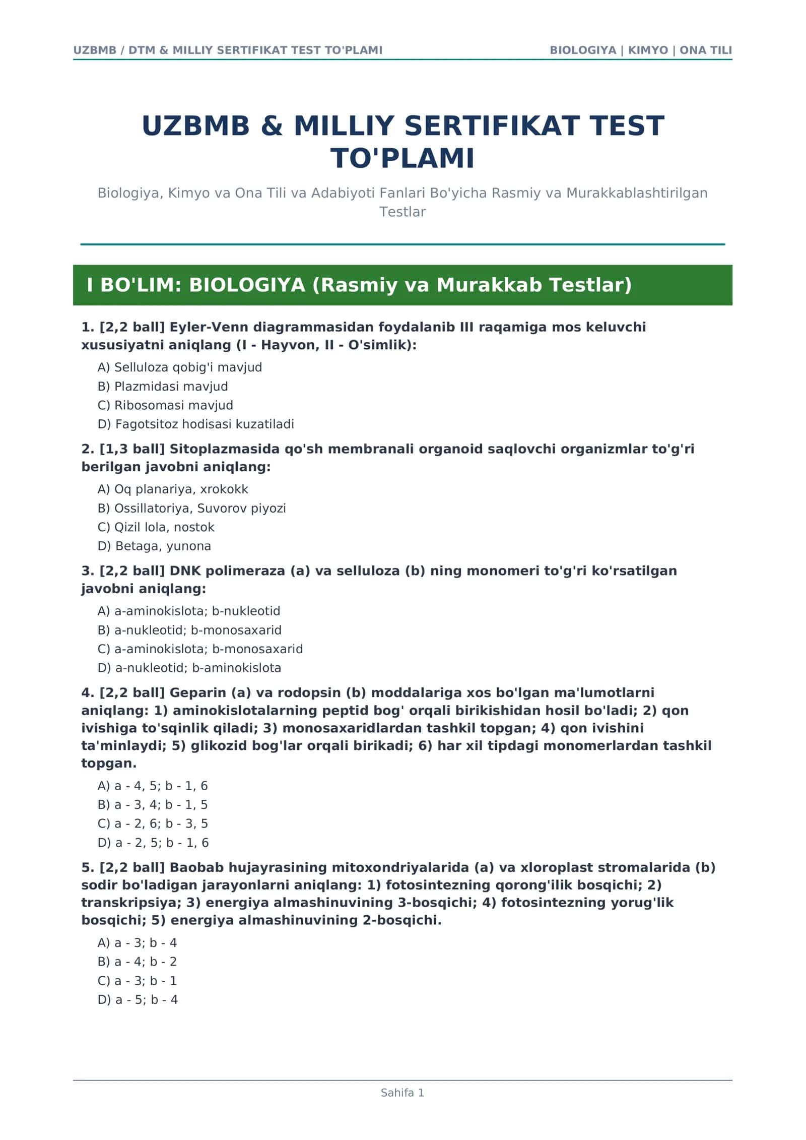 UZBMB & MILLIY SERTIFIKAT TEST TO'PLAMI 1