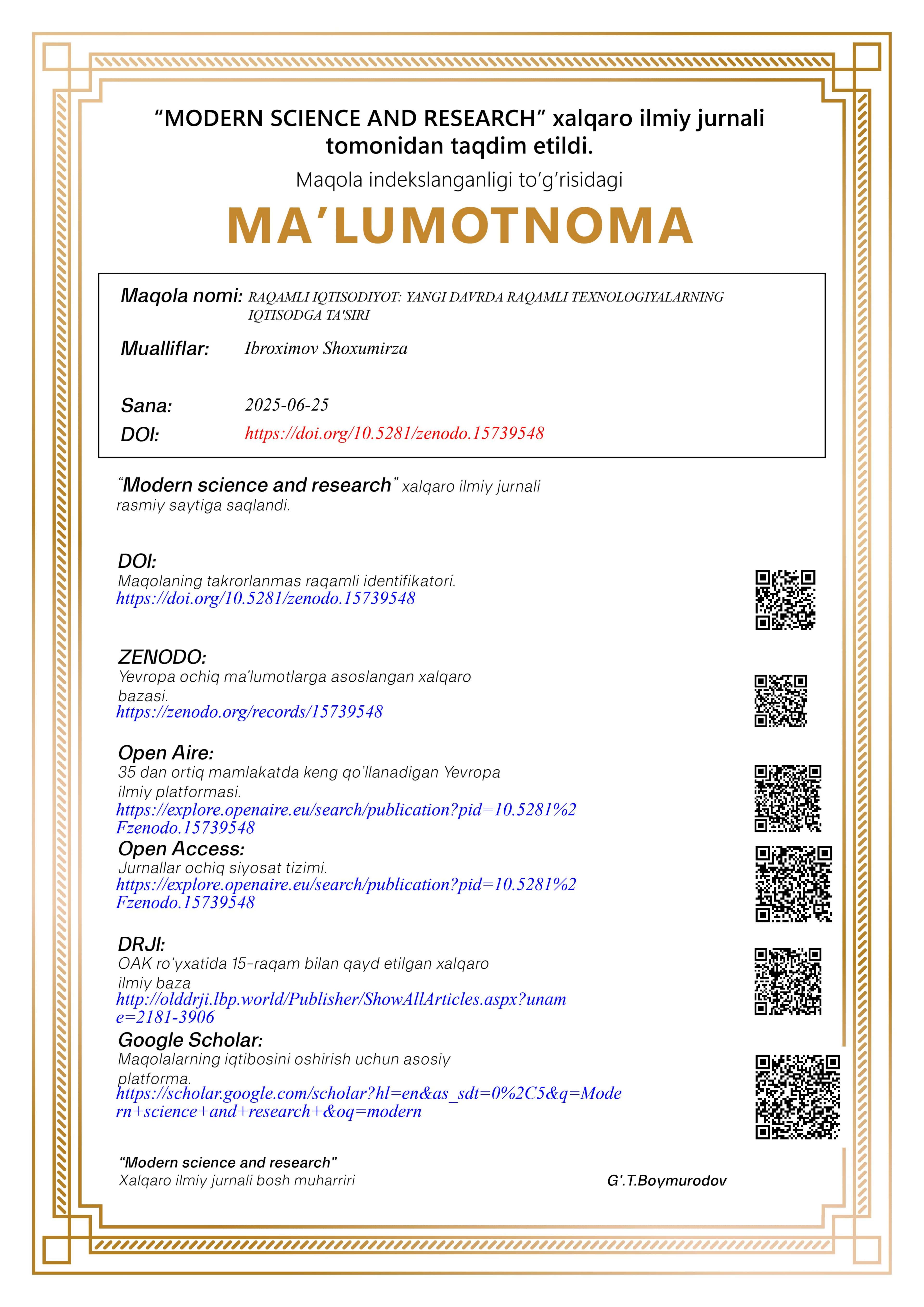"MODERN SCIENCE AND RESEARCH" xalqaro ilmiy jurnali 1