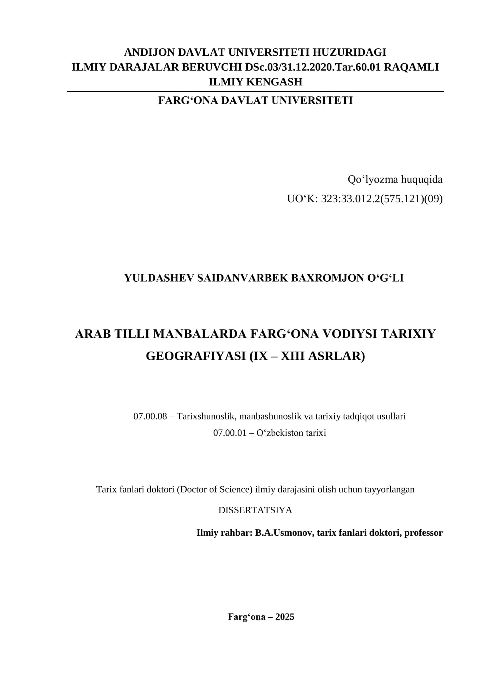 ARAB TILLI MANBALARDA FARG‘ONA VODIYSI TARIXIY GEOGRAFIYASI (IX – XIII ASRLAR) 1