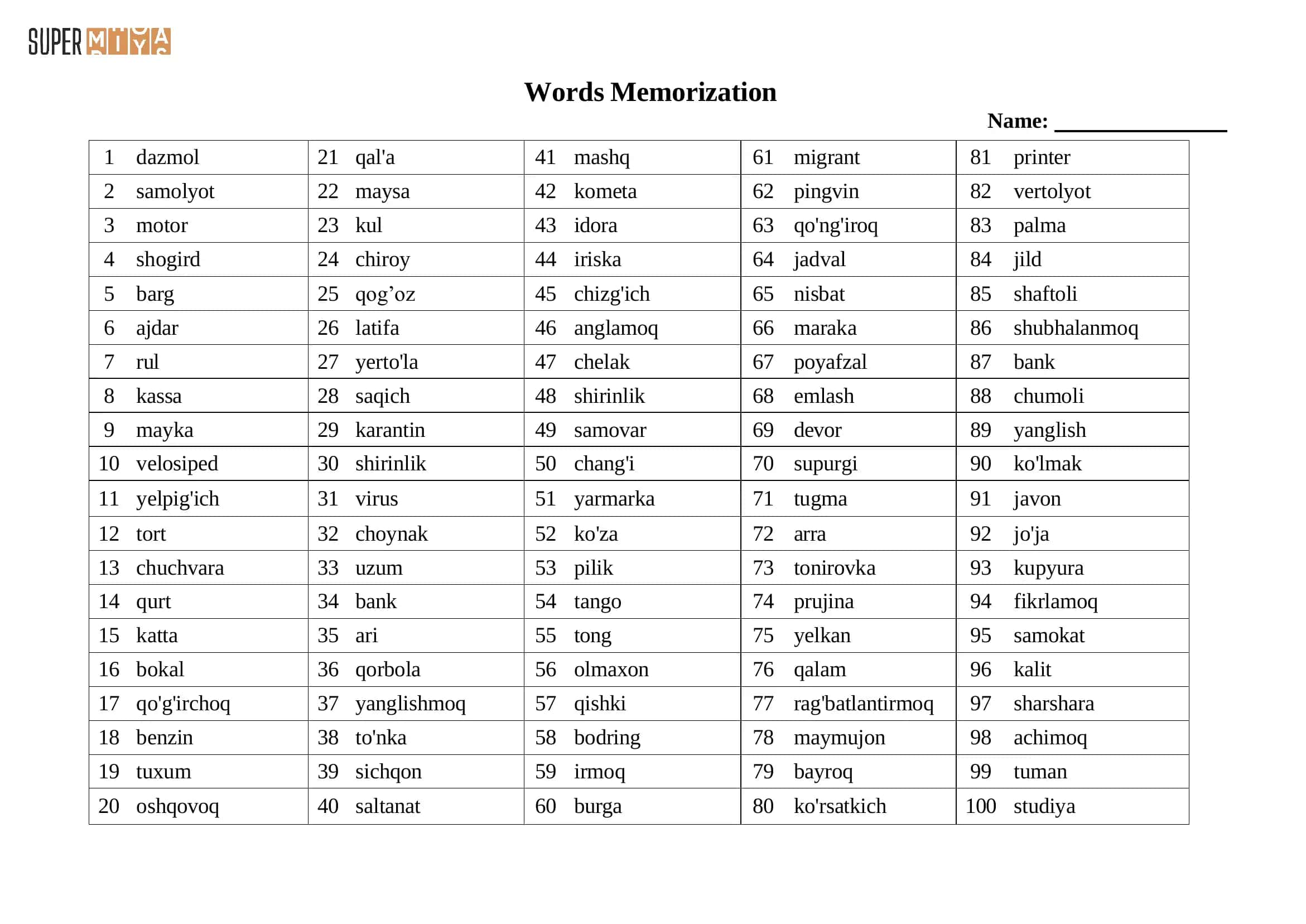 5 daqiqalik so'zlar (o'zbek) / Words Memorization 1