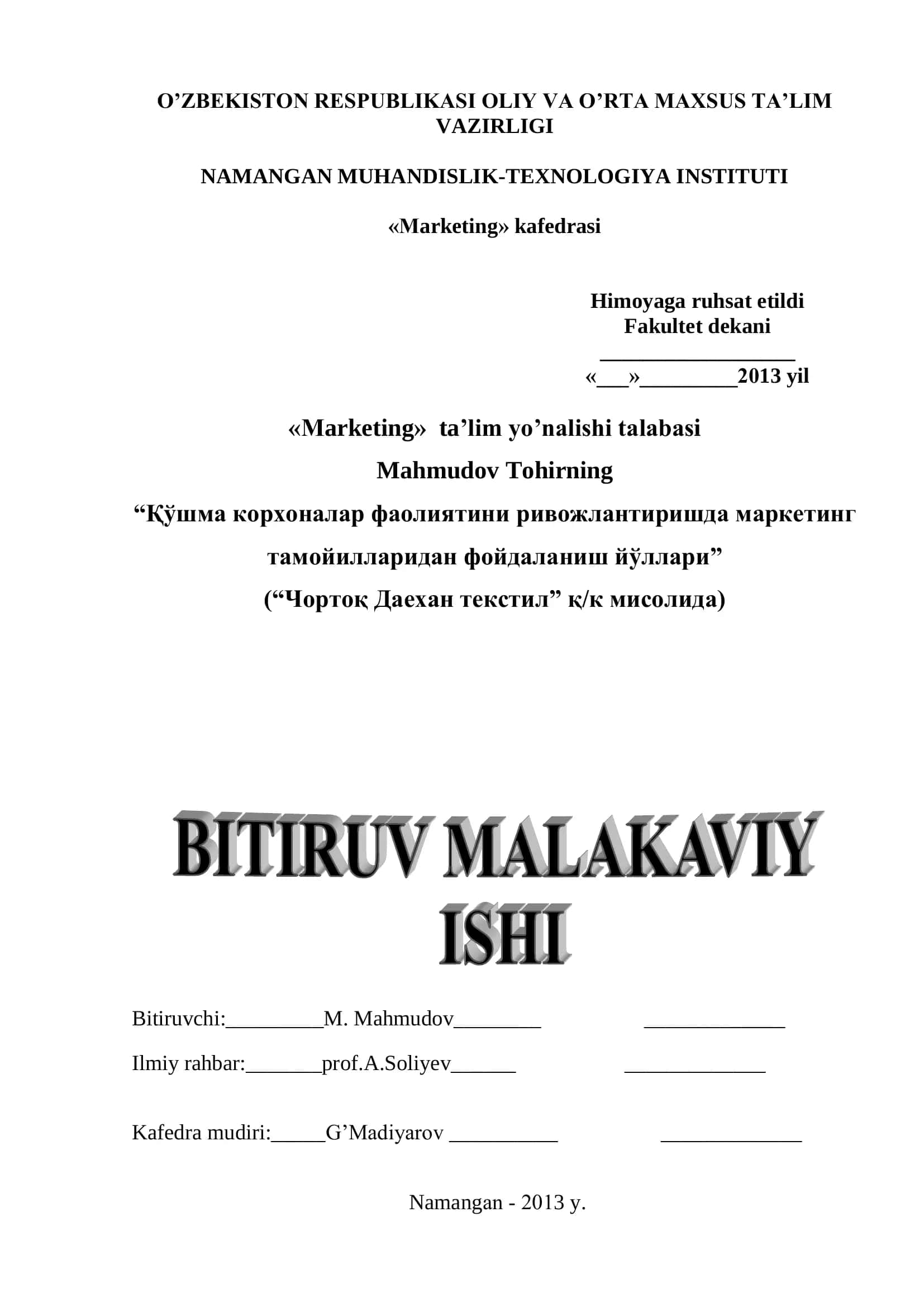 «Мarketing» ta’lim yo’nalishi talabasi 1