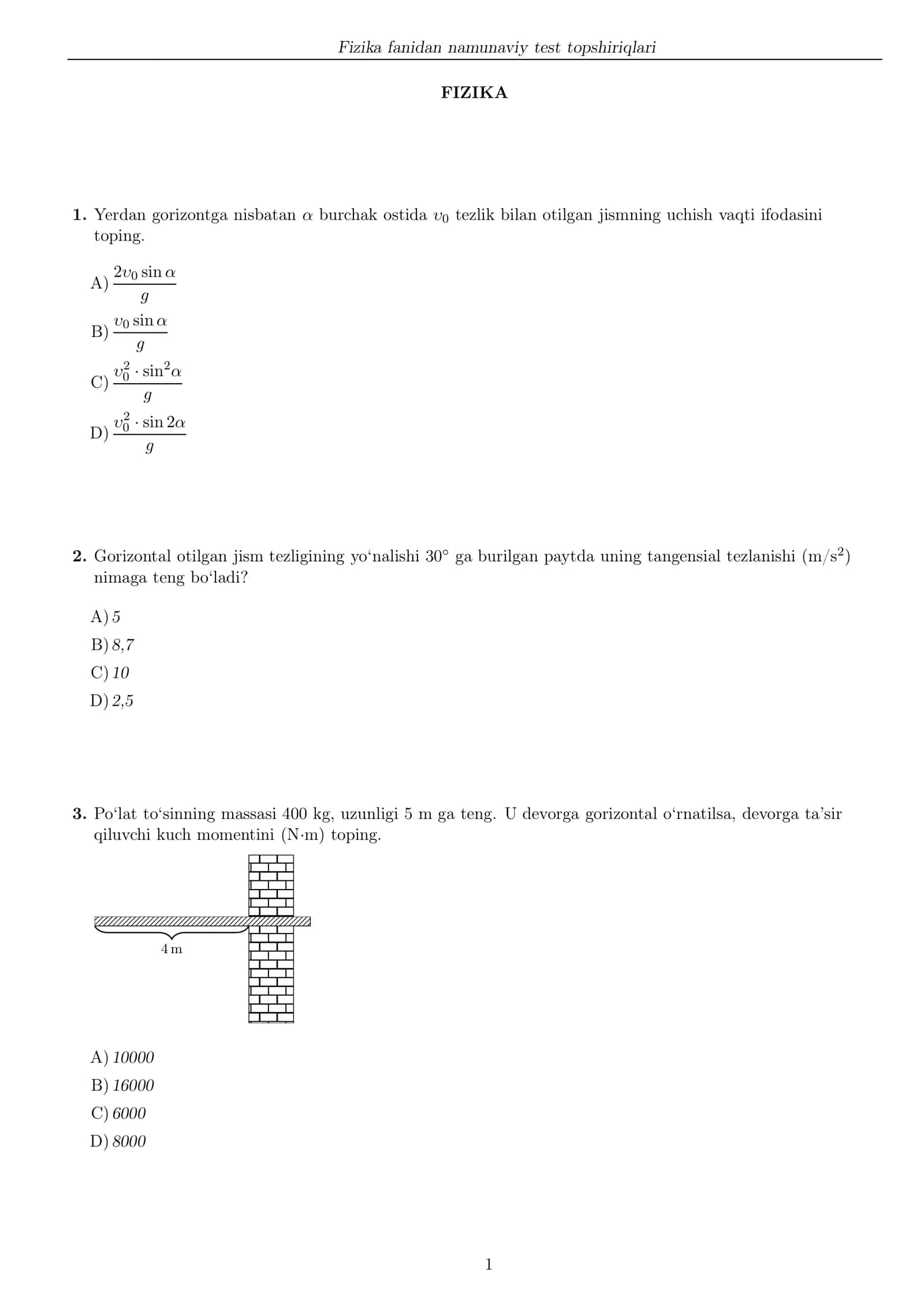 Fizika fanidan namunaviy test topshiriqlari 1