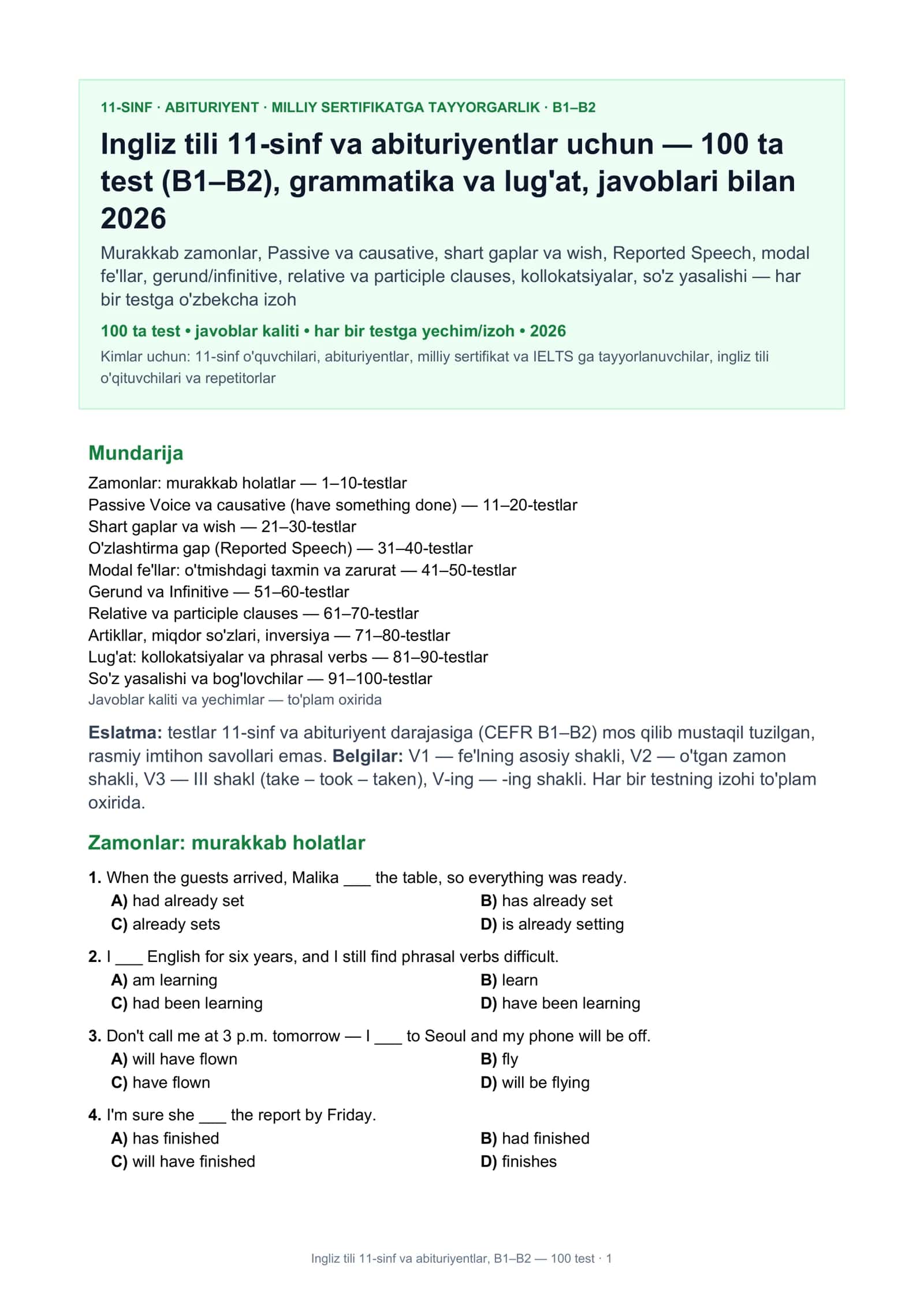 Ingliz tili 11-sinf va abituriyentlar, B1–B2 1