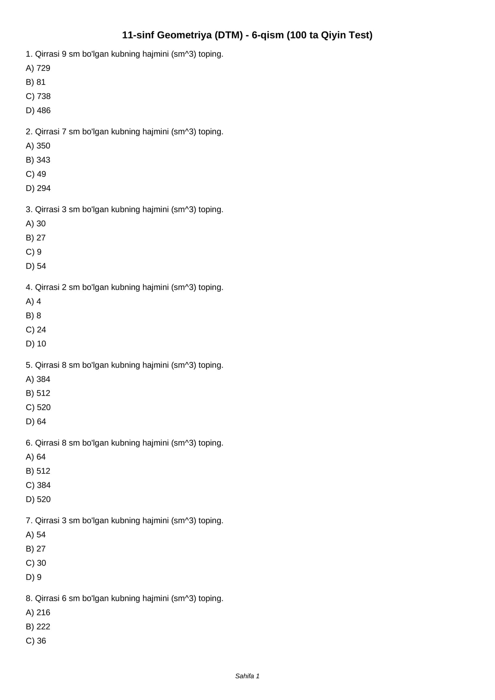 11-sinf Geometriya (DTM) - 6-qism (100 ta Qiyin Test) 1