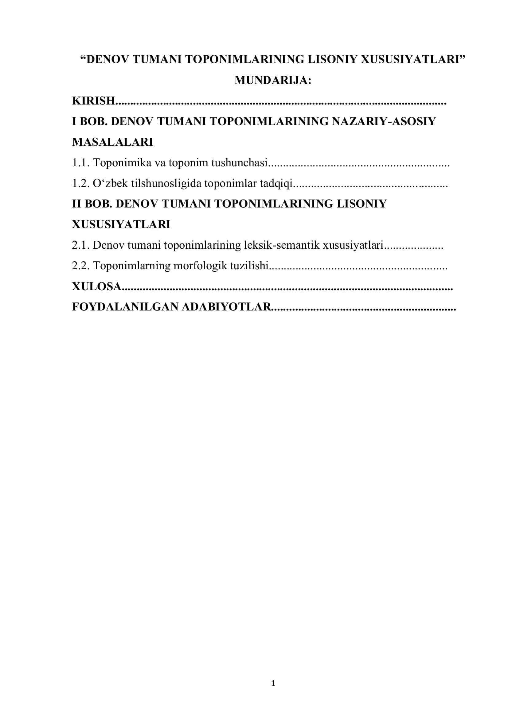 DENOV TUMANI TOPONIMLARINING LISONIY XUSUSIYATLARI” 1