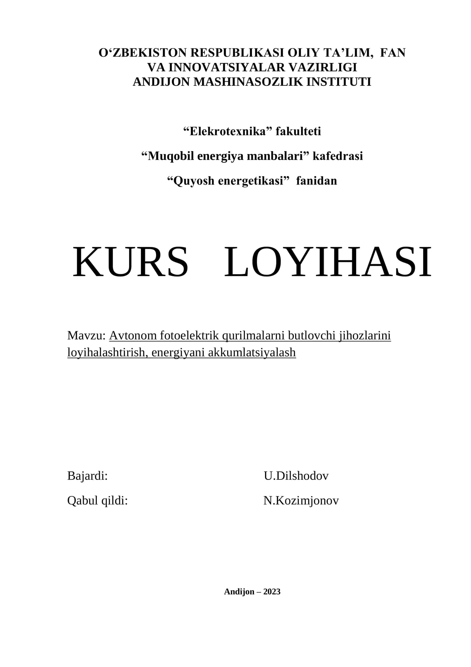 Avtonom fotoelektrik qurilmalarni butlovchi jihozlarini loyihalashtirish 1