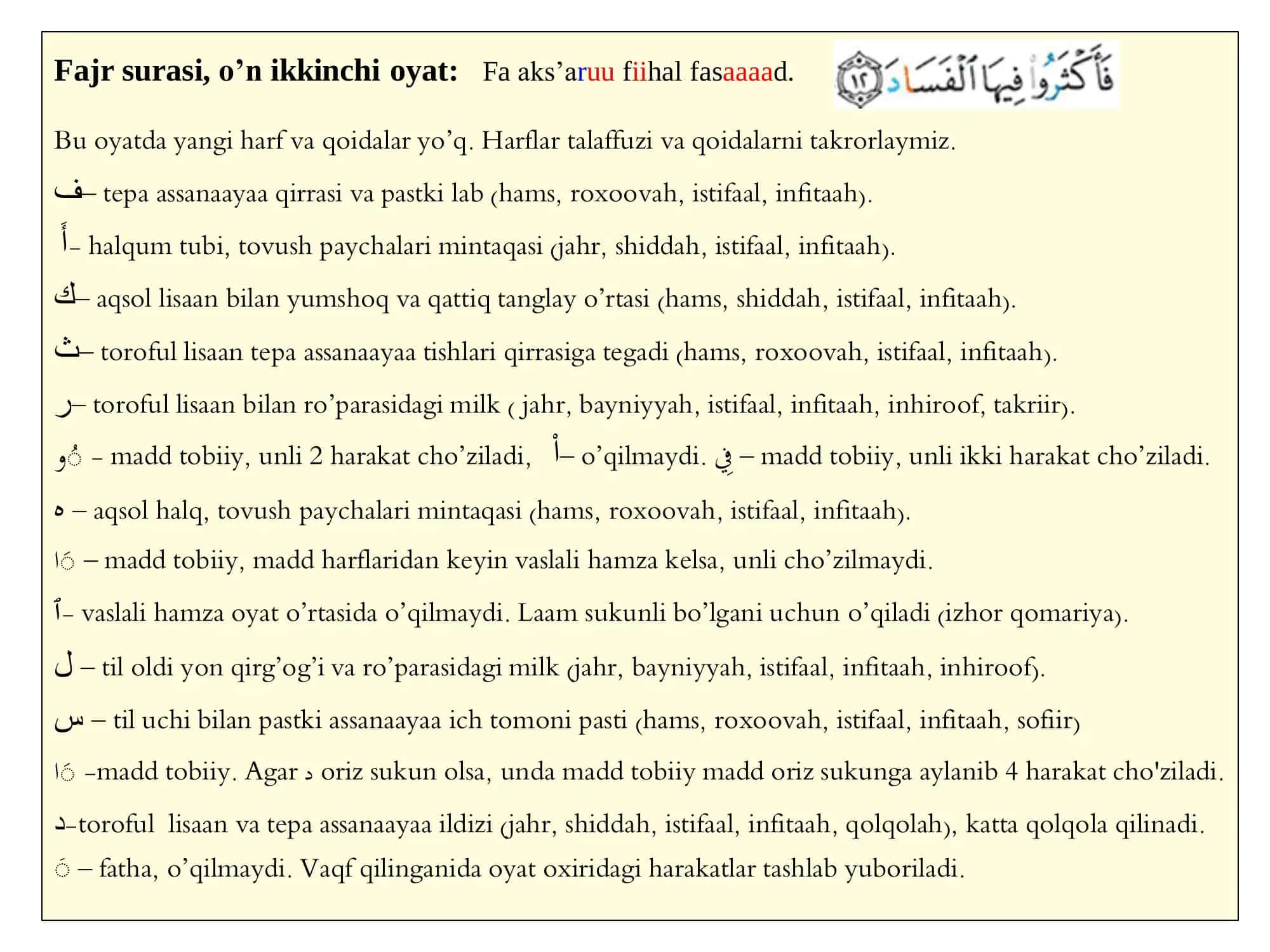 Fajr surasi, o’n ikkinchi oyat: Fa aks’aruu fiihal fasaaaad 1