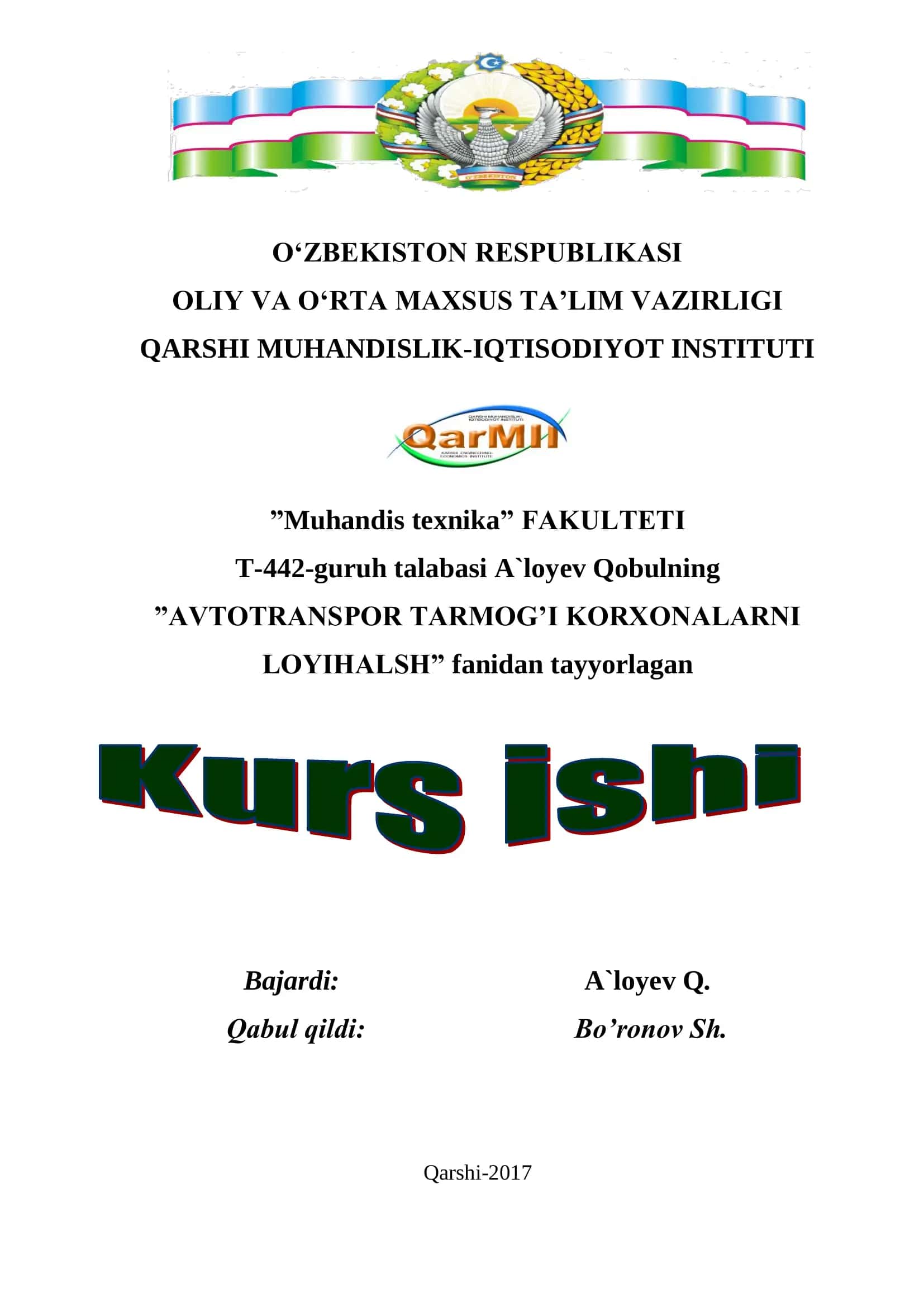 Avtotransport tarmog’i korxonalarini loyihalash 1