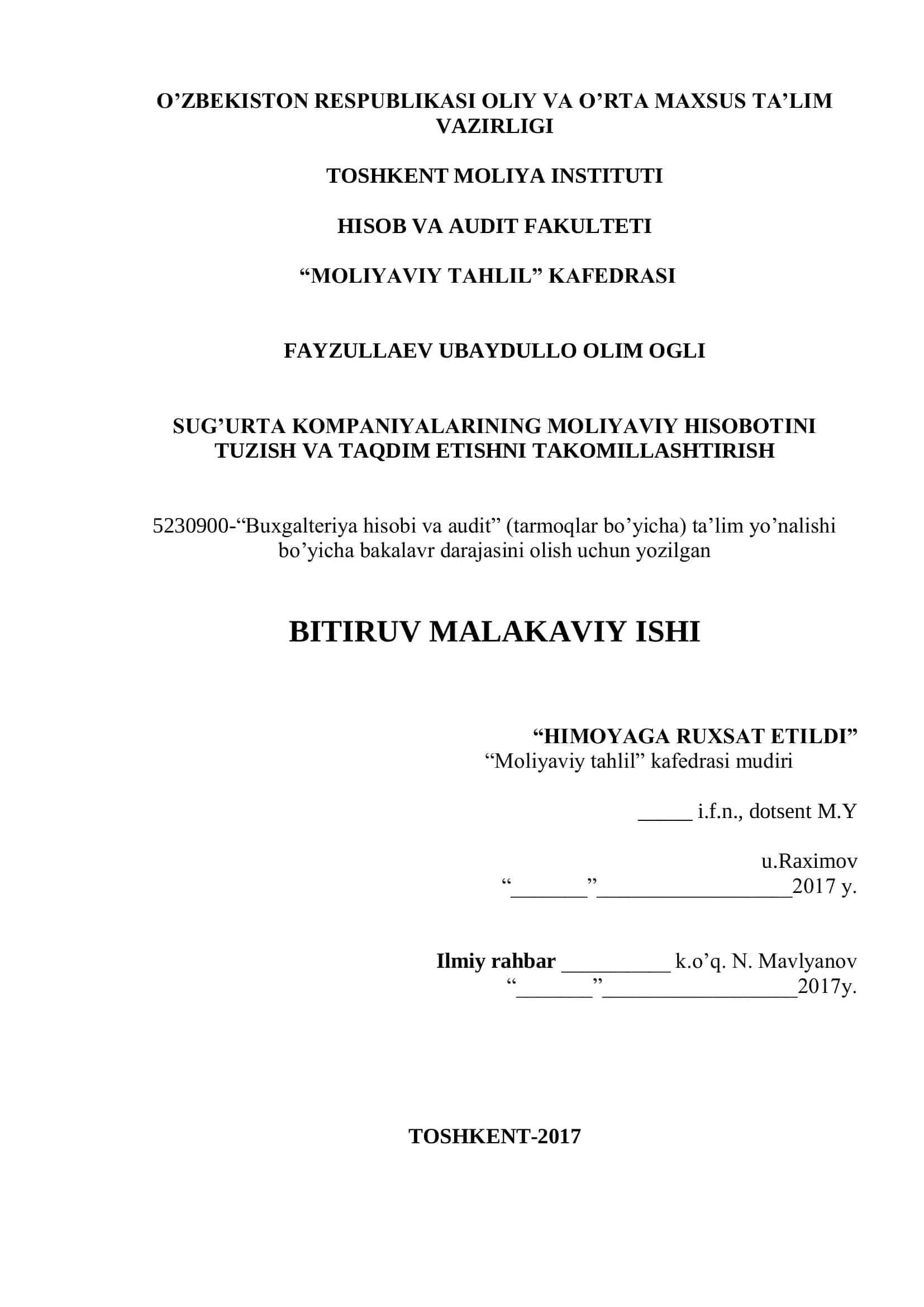 Sug’urta kompaniyalarining moliyaviy hisobotini tuzish va taqdim etishni na azariy hamda uslubiy asoslari 1