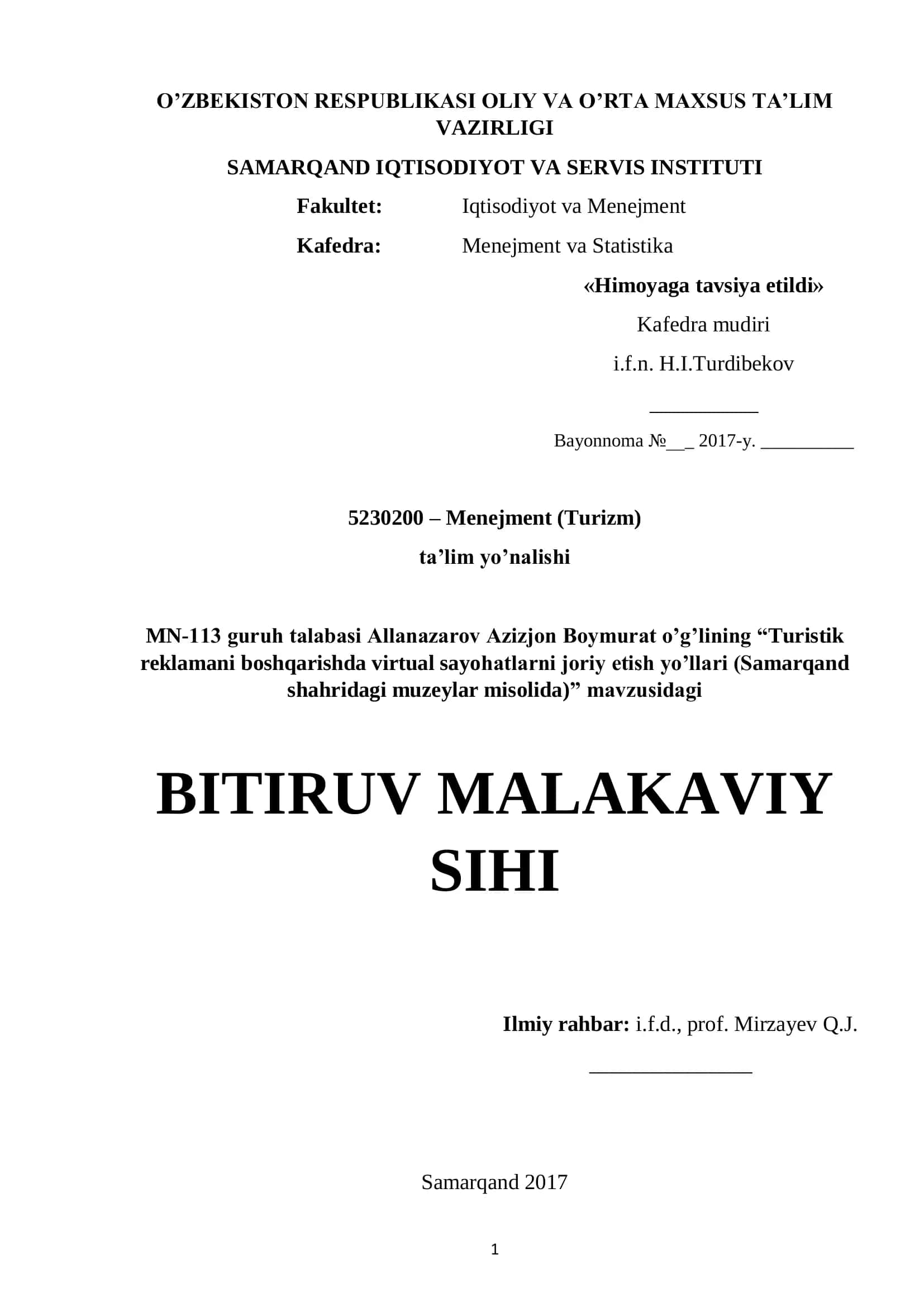 Turistik reklamani boshqarishda virtual sayohatlarni joriy etish yo'llari (Samarqand shahridagi muzeylar misolida) 1