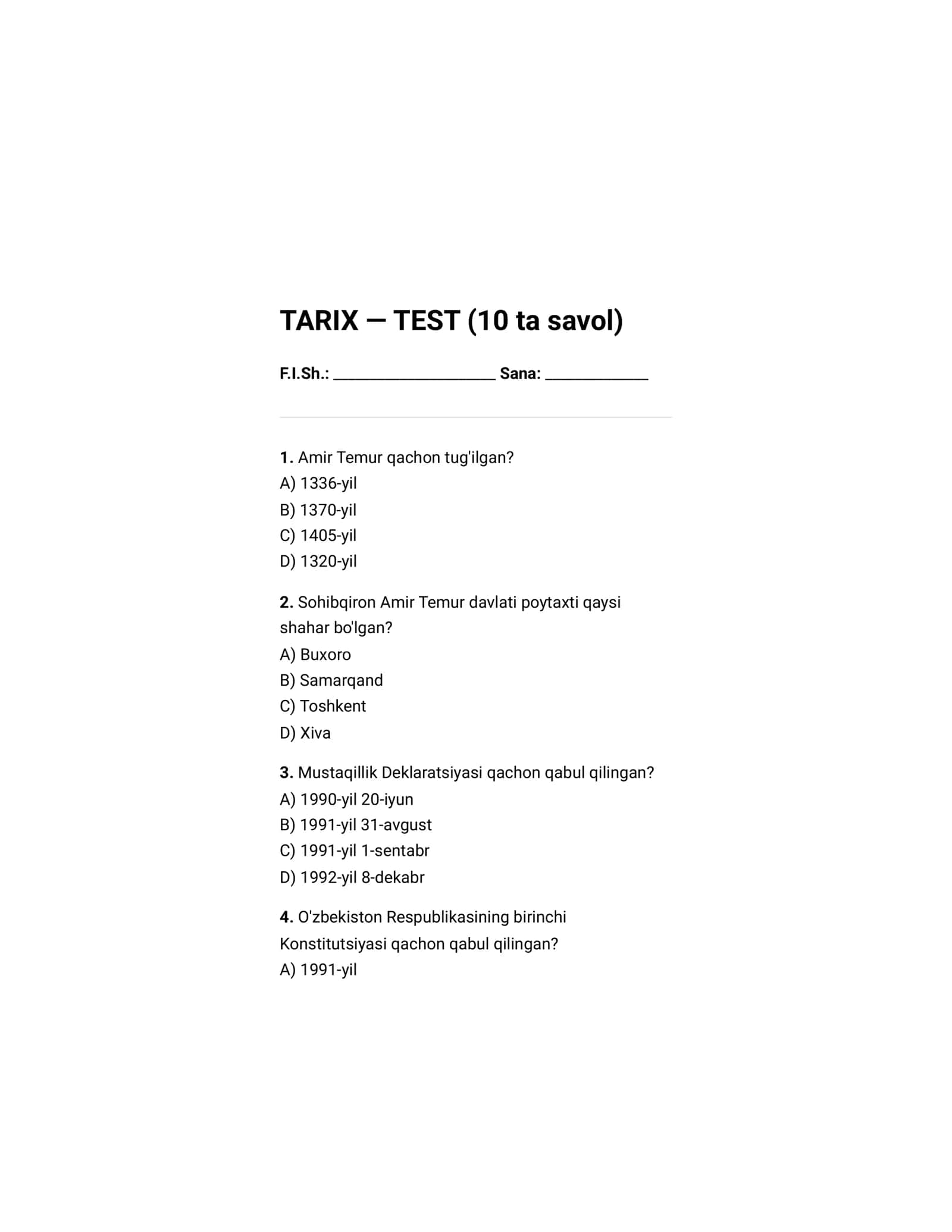 TARIX — TEST (10 ta savol) 1