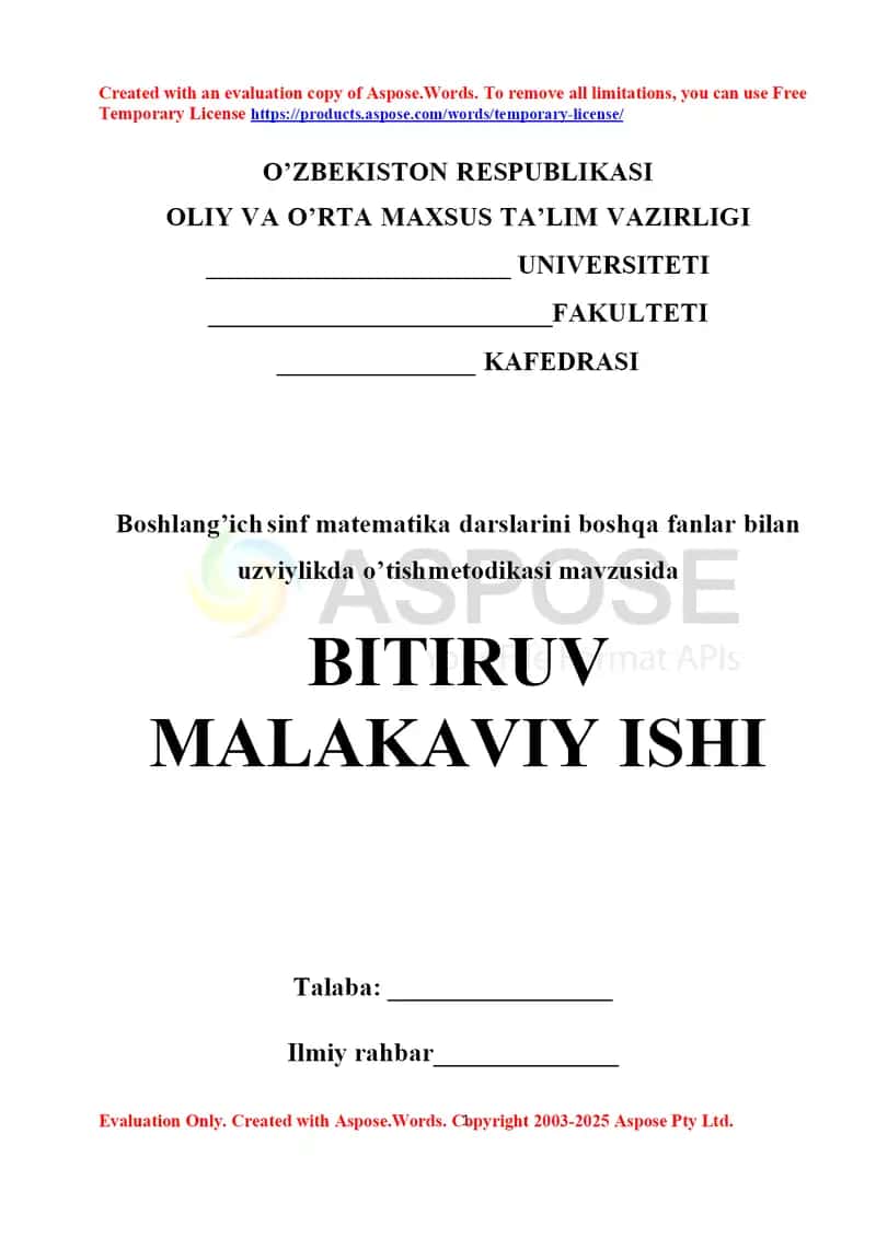 Boshlang’ich sinf matematika darslarini boshqa fanlar bilan uzviylikda o’tish metodikasi 1