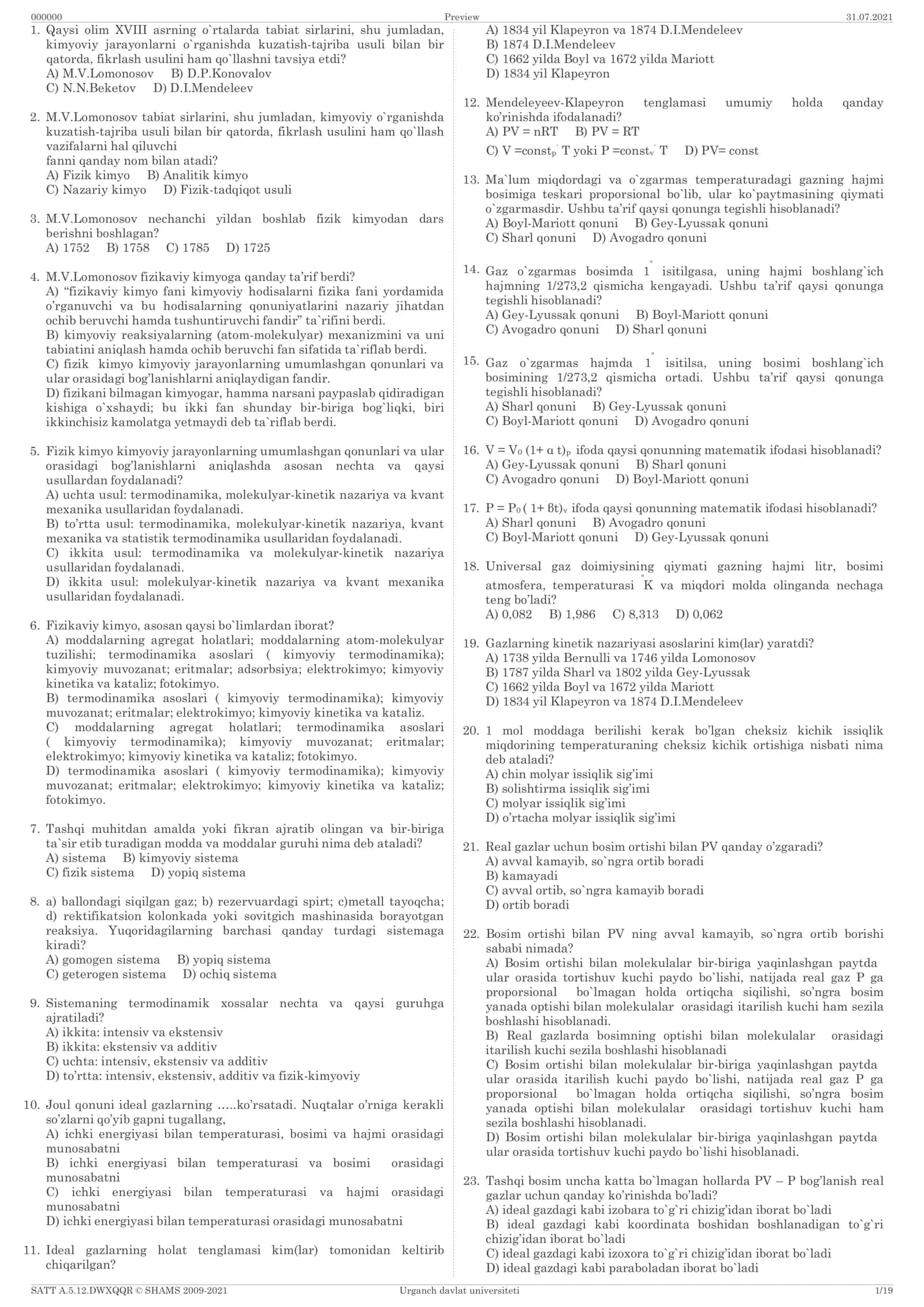 M.V.Lomonosovning Kimyo fanlarini o`rganishga oid test savollari 1