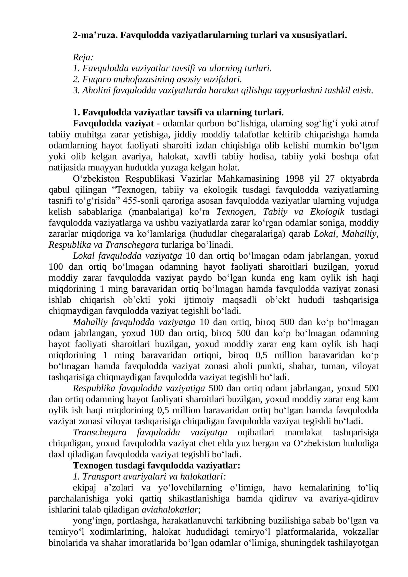 Favqulodda vaziyatlarularning turlari va xususiyatlari 1