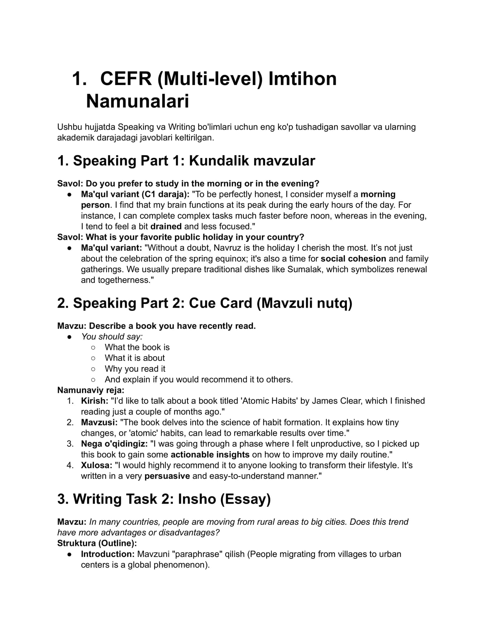 CEFR (Multi-level) Imtihon Namunalari 1