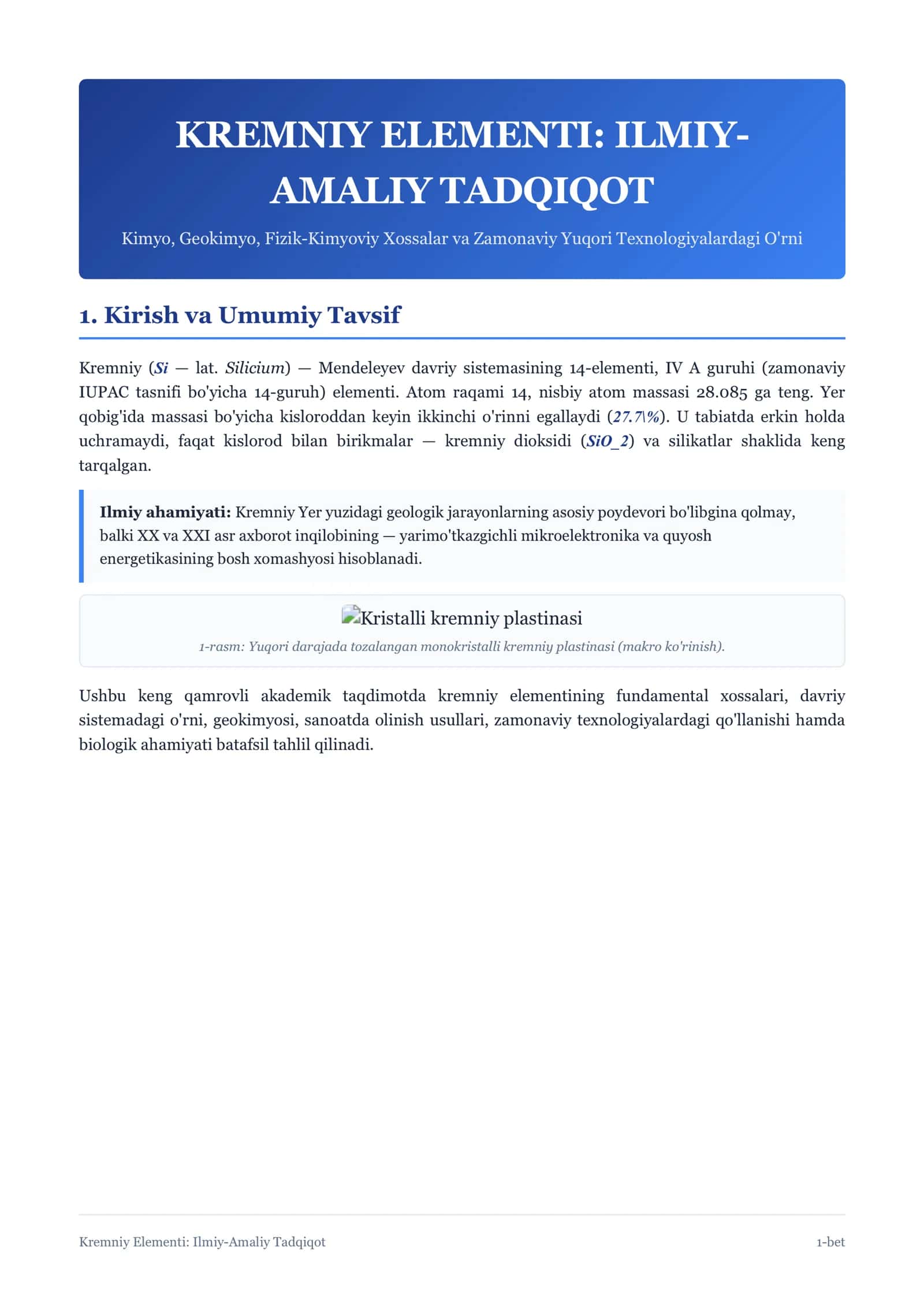 KREMNIY ELEMENTI: ILMIY-AMALIY TADQIQOT 1