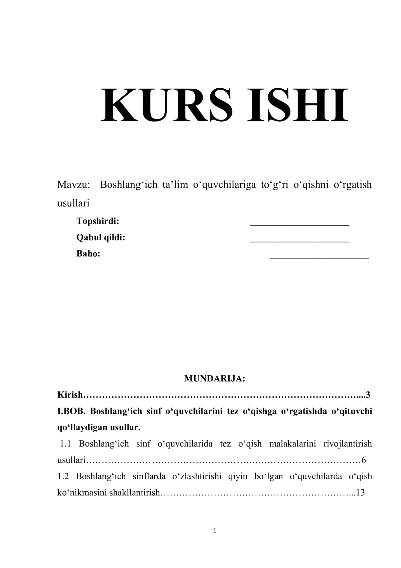 Kurs ishi: Boshlang‘ich ta’lim o‘quvchilariga to‘g‘ri o‘qishni o‘rgatish usullari 1