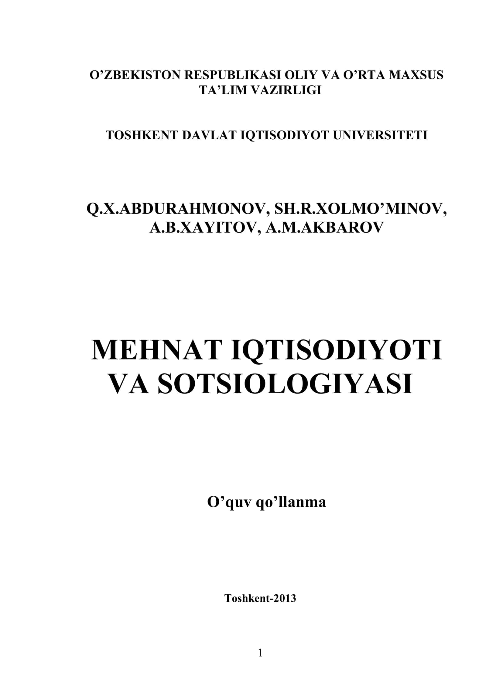 Mеhnаt iqtisоdiyoti vа sоtsiоlоgiyasi O’quv qo’llanma 1