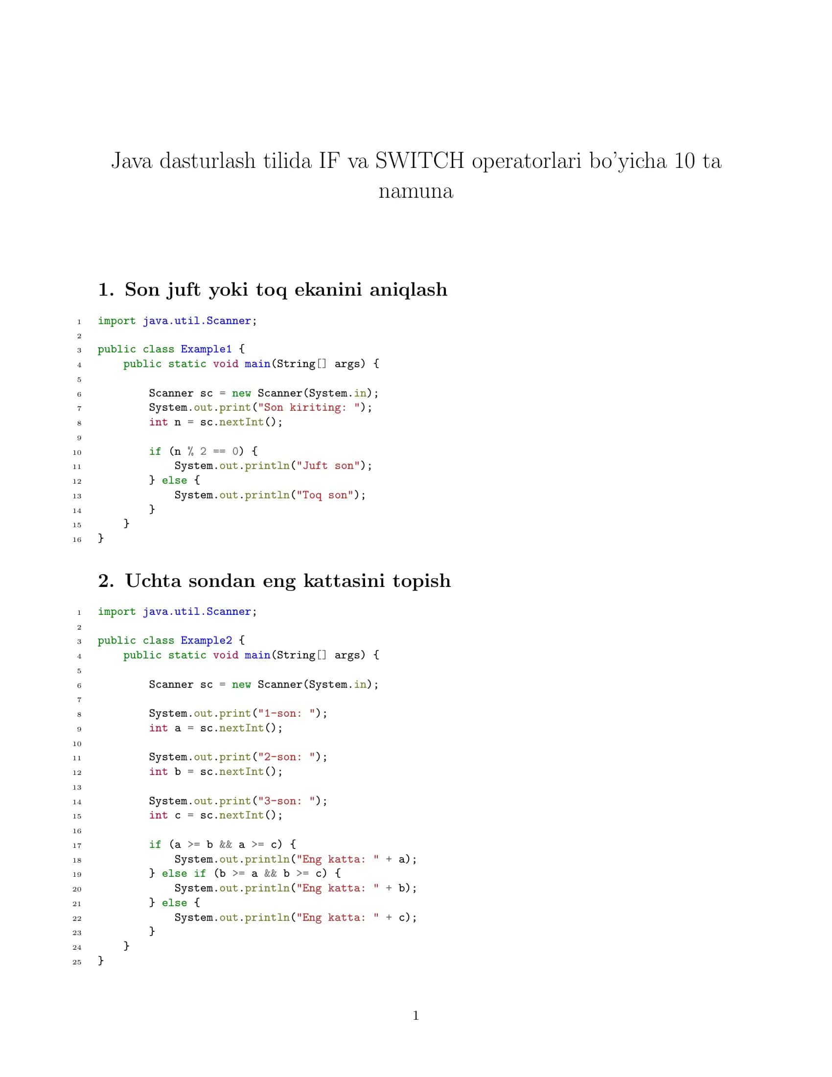Java dasturlashda IF va SWITCH operatorlari 1