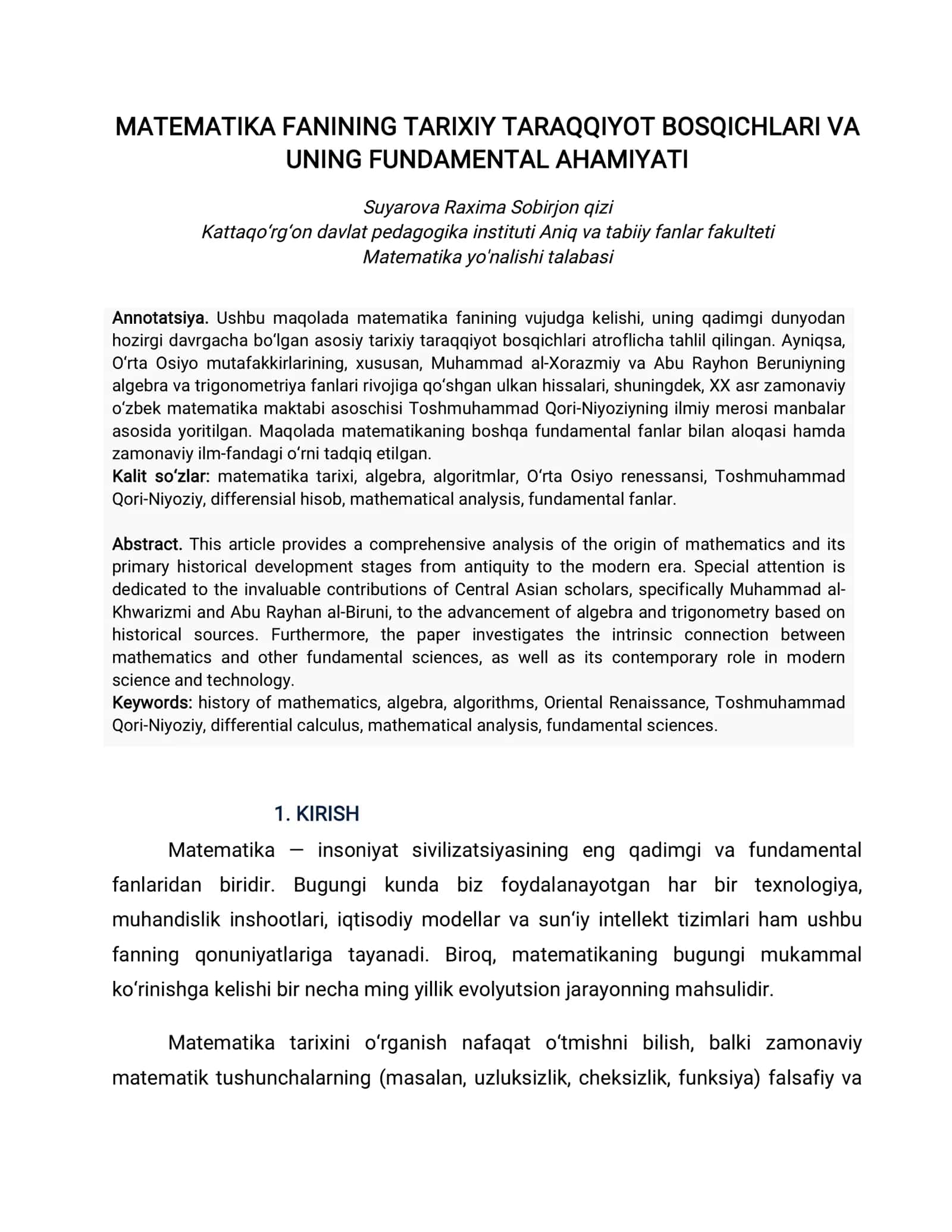 MATMATIKA FANINING TARIXIY TARAQQIYOT BOSQICHLARI VA UNING FUNDAMENTAL AHAMIYATI 1