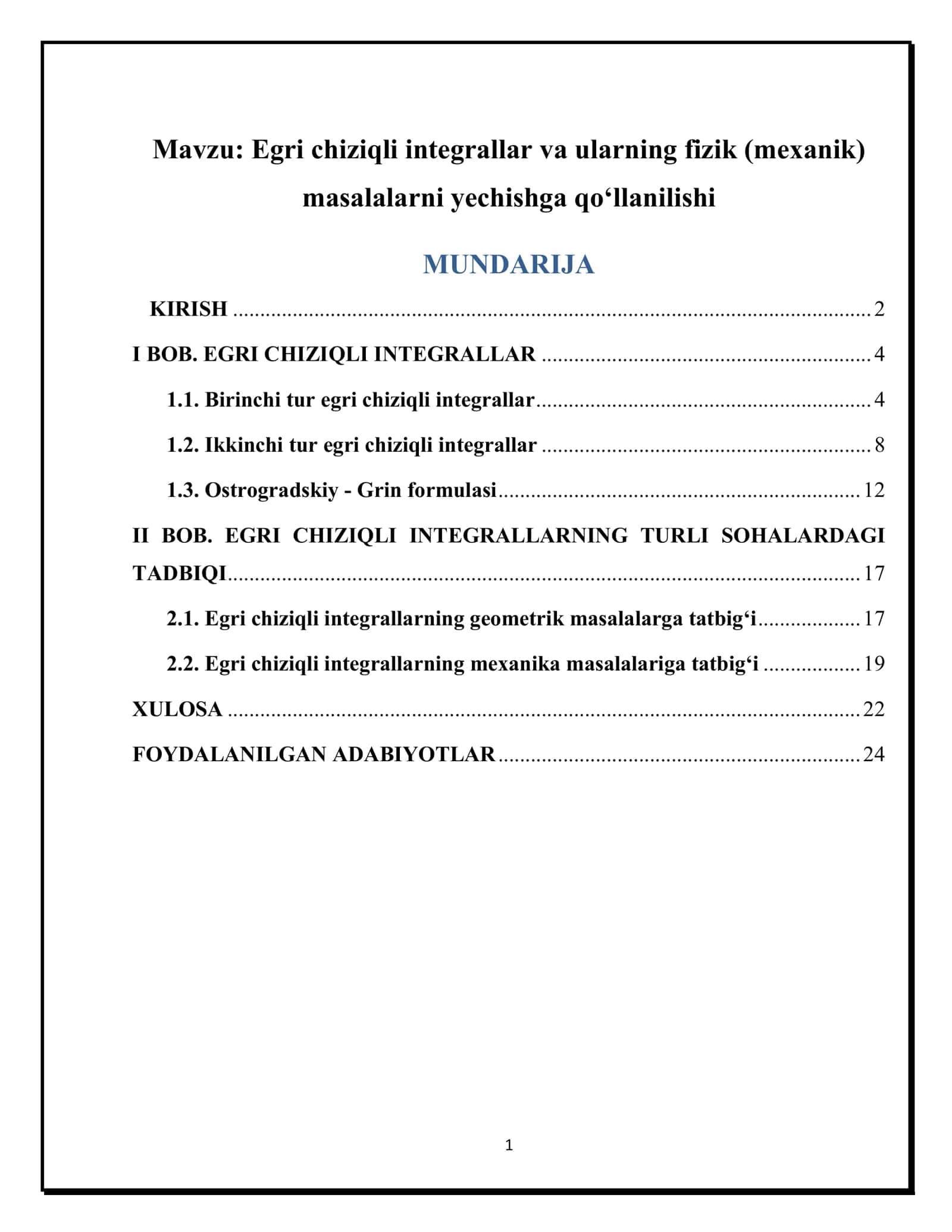 Egri chiziqli integrallar va ularning fizik (mexanik) masalalarni yechishga qo‘llanilishi 1