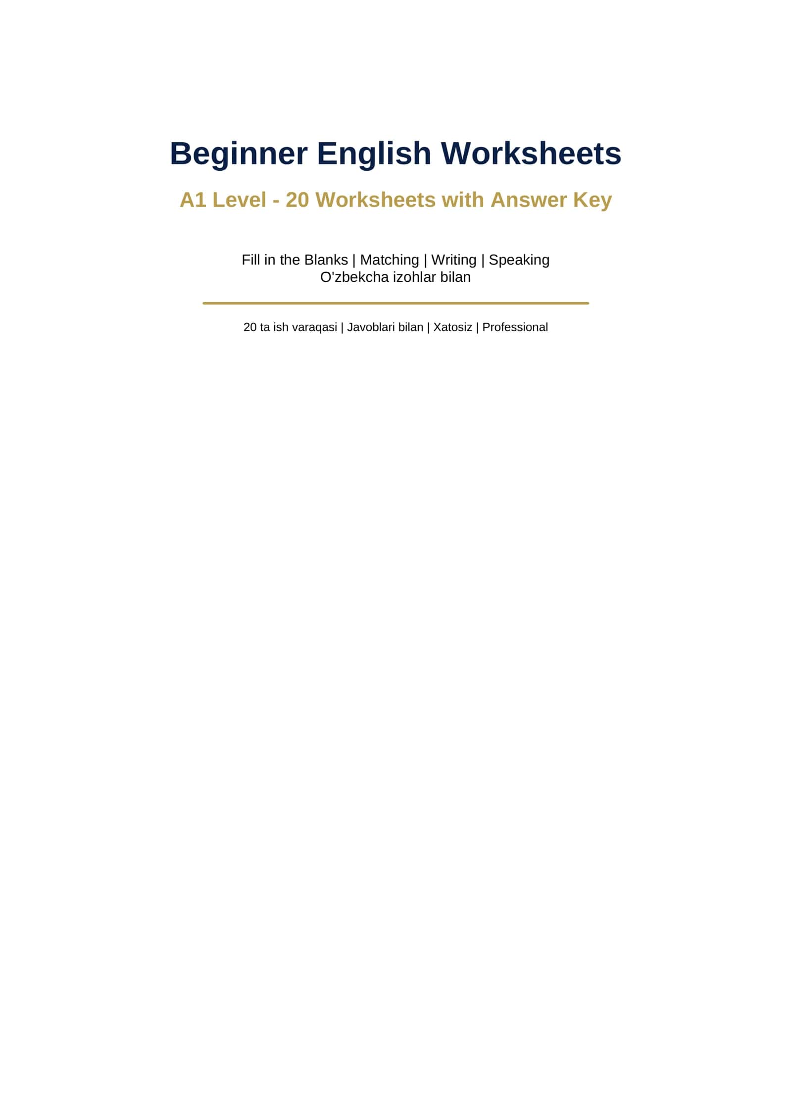 Beginner English Worksheets (ingiliz tili boshlangichalr uchun) 1