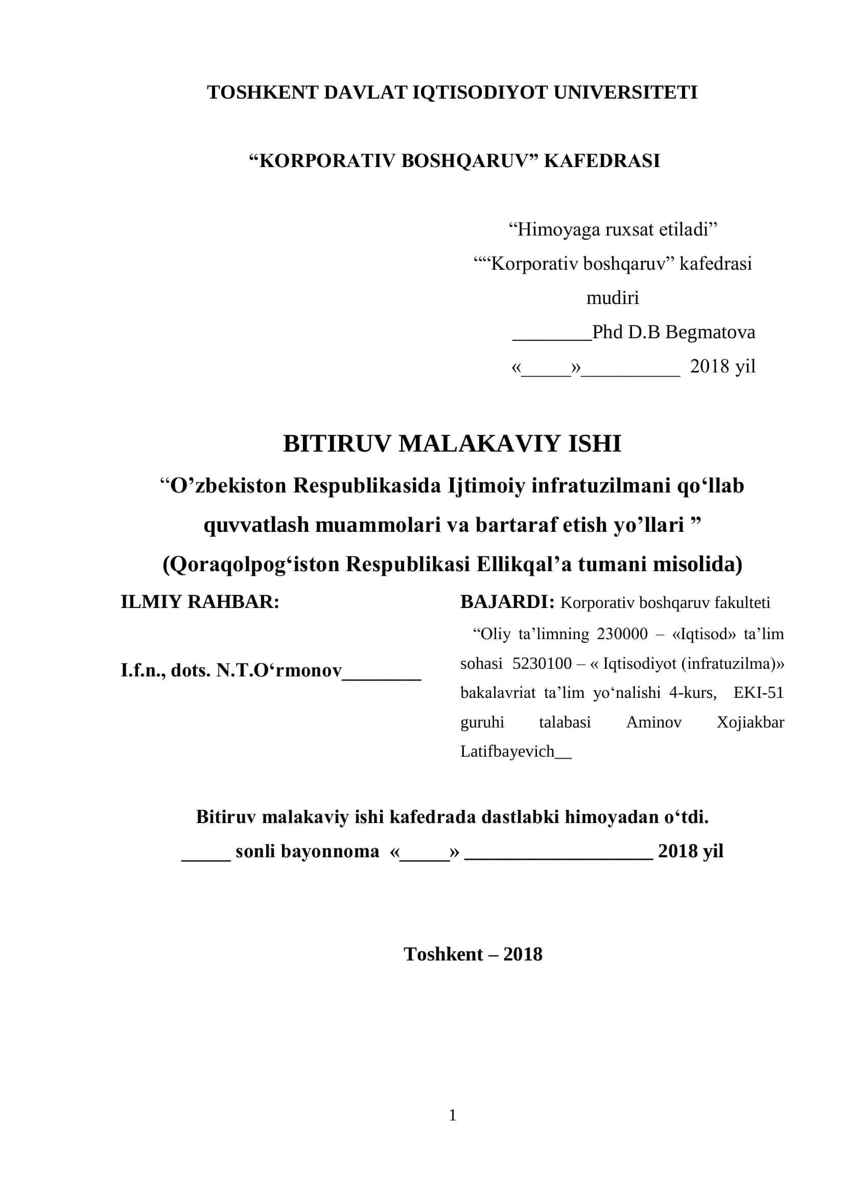 O‟zbekiston Respublikasida Ijtimoiy infratuzilmani qo„llab quvvatlash muammolari va bartaraf etish yo‟llari 1