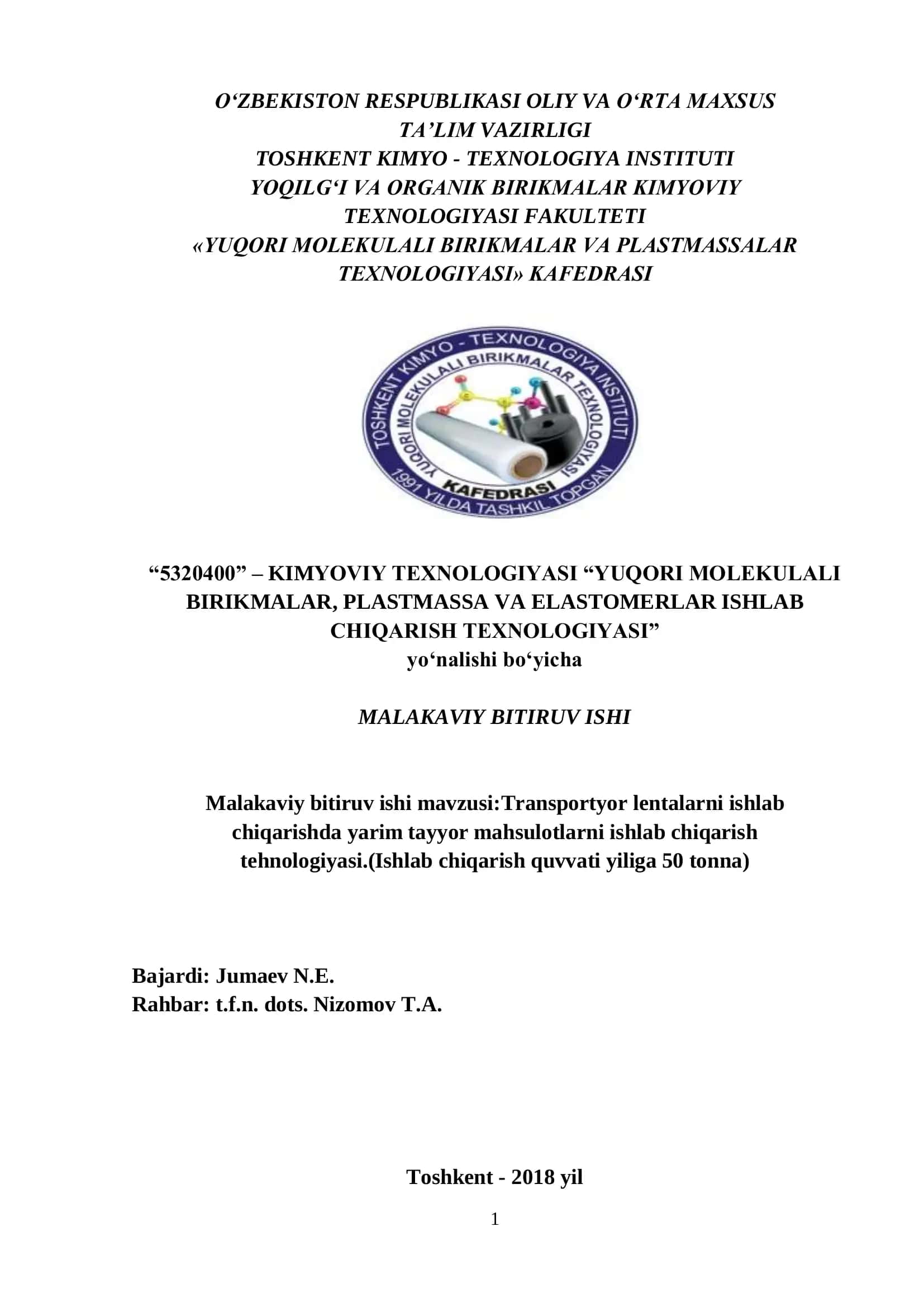 Transportyor lentalarni ishlab chiqarishda yarim tayyor mahsulotlarni ishlab chiqarish texnologiyasi 1