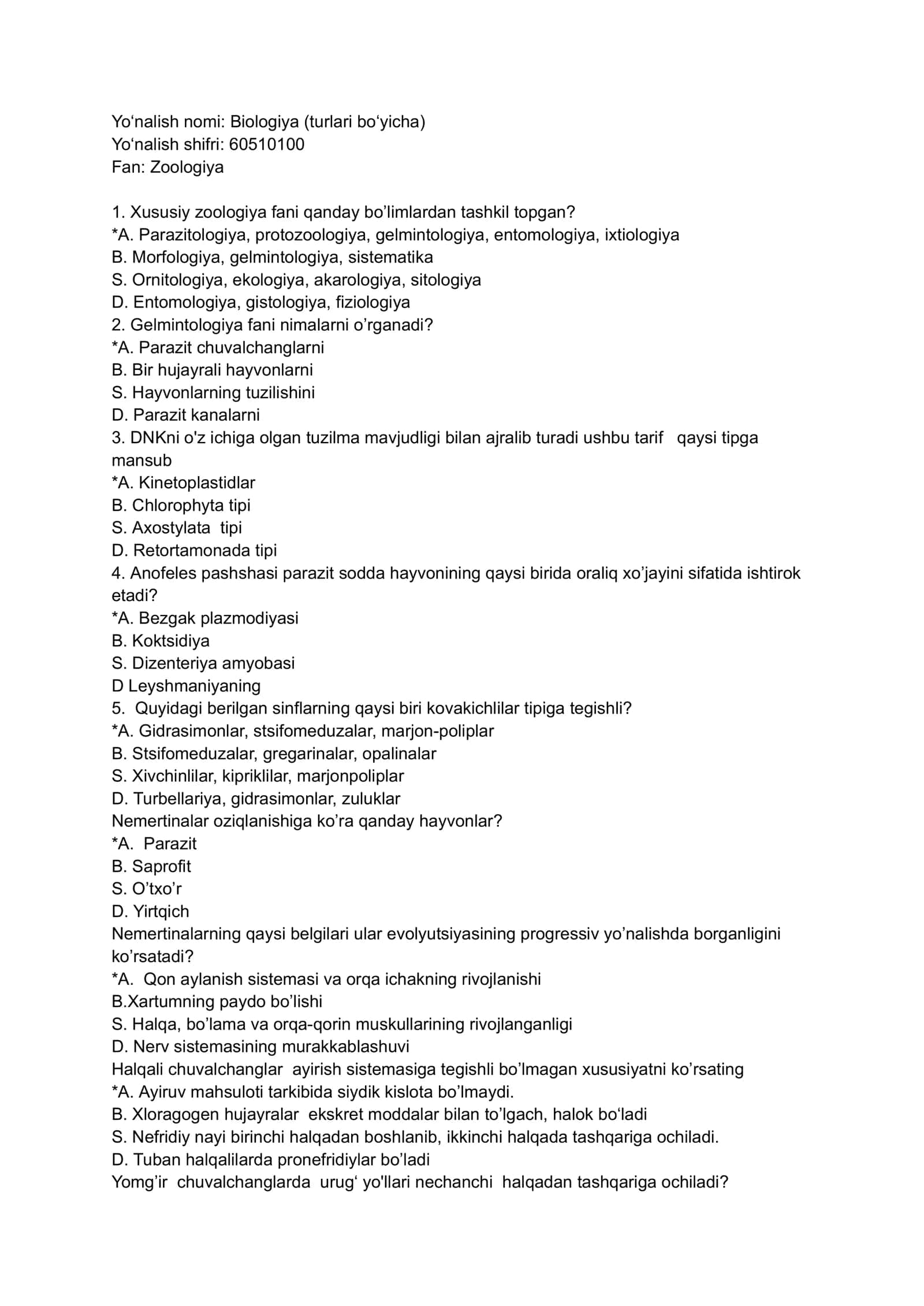Biologiya fanida testlar 1