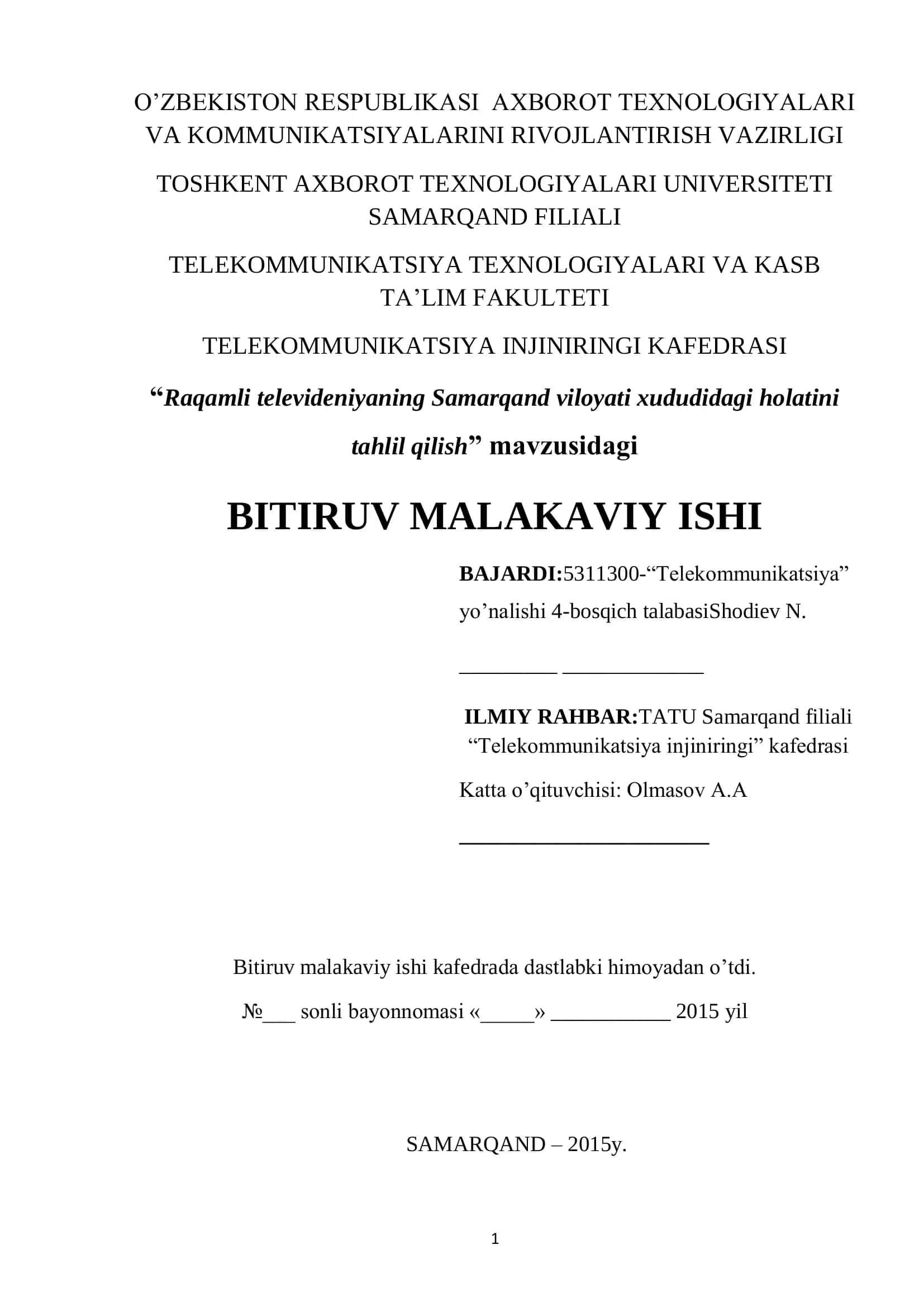 "Raqamli televideniyaning Samarqand viloyati xududidagi holatini tahlil qilish" 1