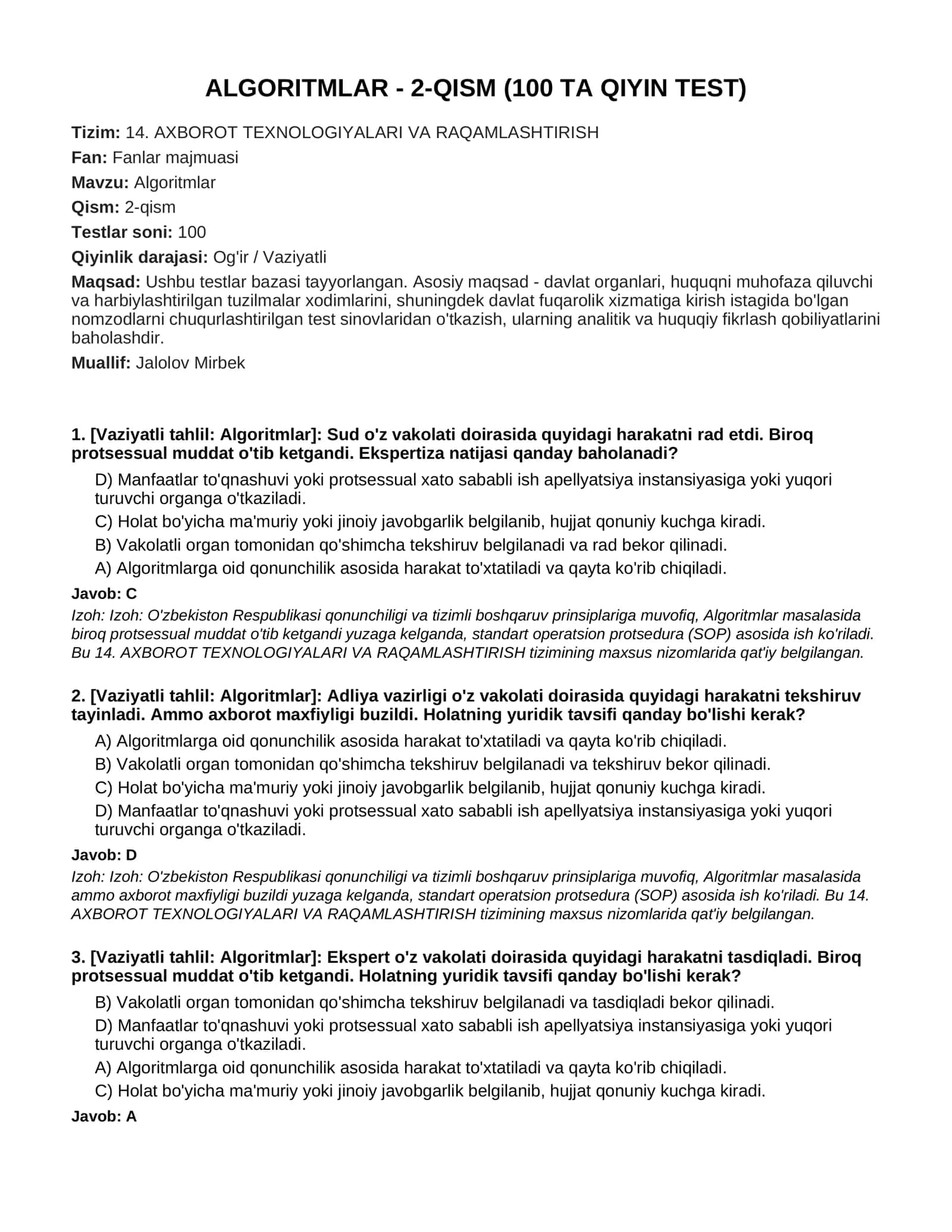 ALGORITMLAR - 2-QISM (100 TA QIYIN TEST) 1