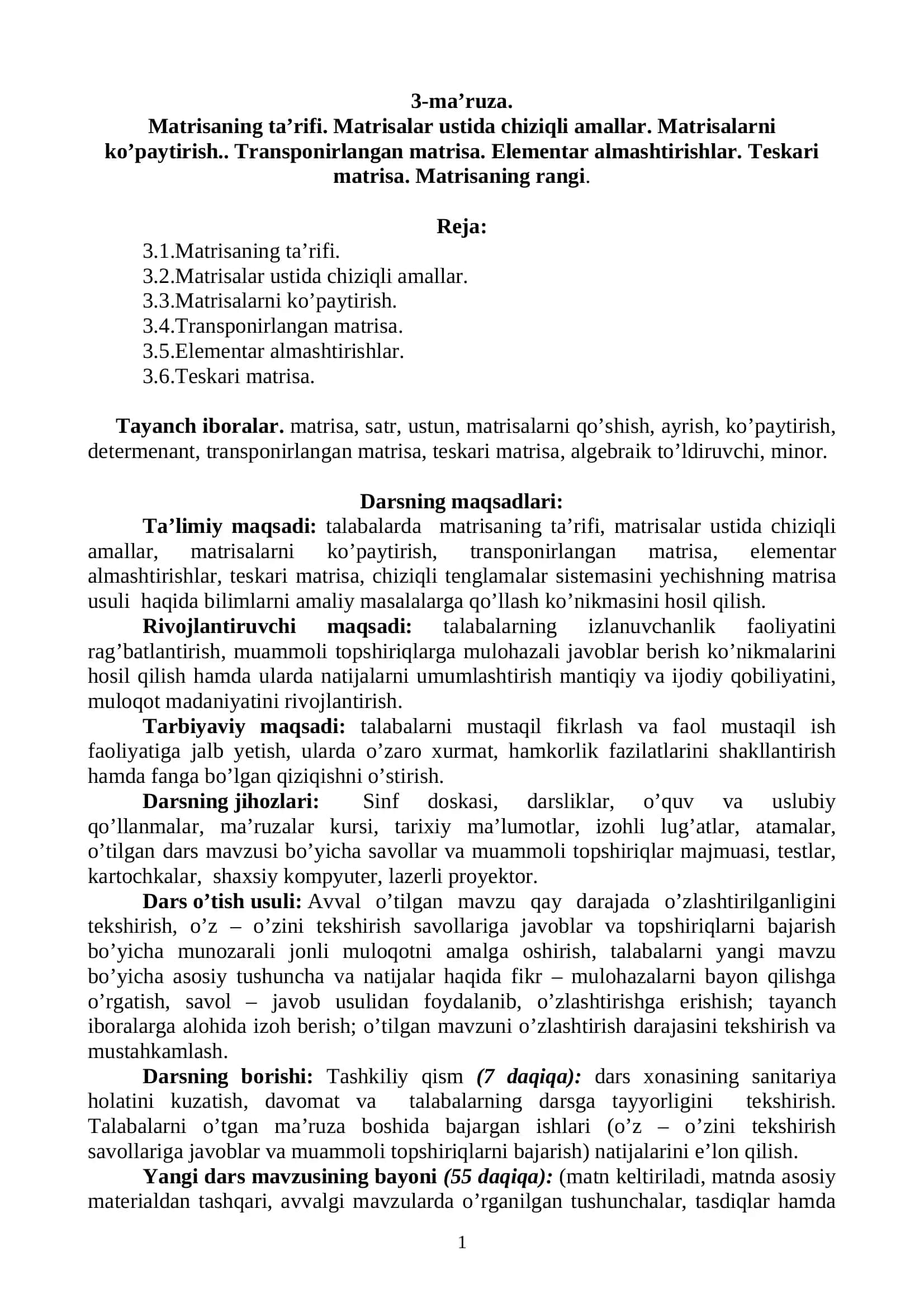 Oliy matematika: matrisalar, teskari matrisa va rangi (PDF) 1