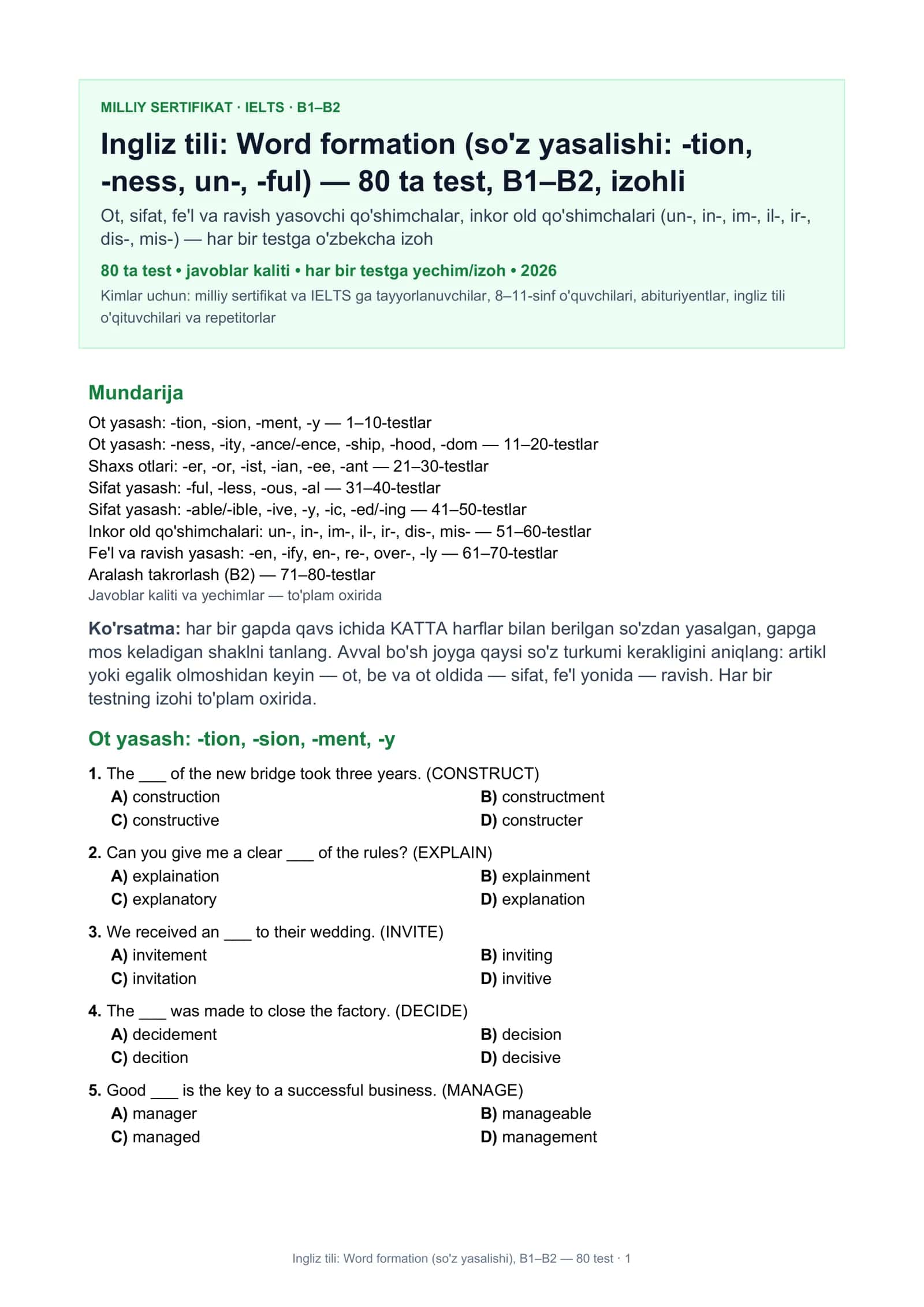 Ingliz tili: Word formation (so'z yasalishi) 1