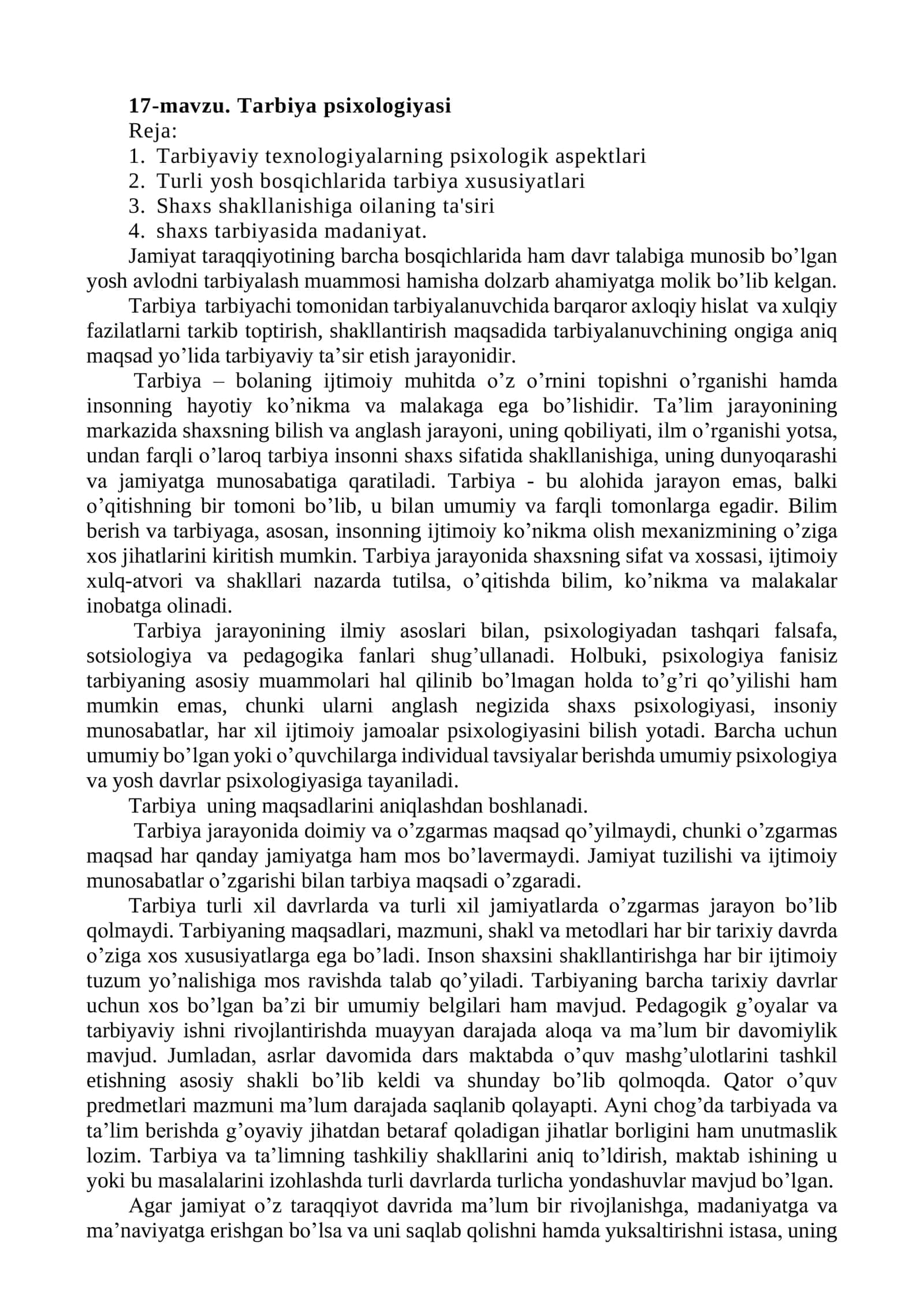 17-mavzu. Tarbiya psixologiyasi 1
