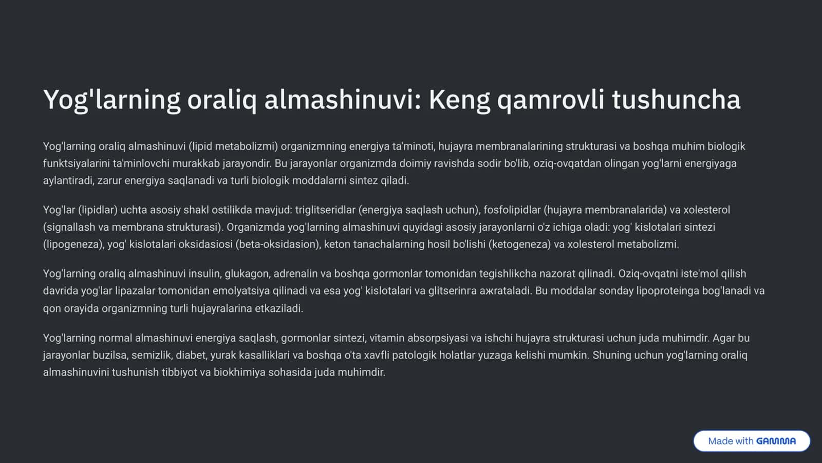 Yog'larning oraliq almashinuvi: Keng qamrovli tushuncha 1