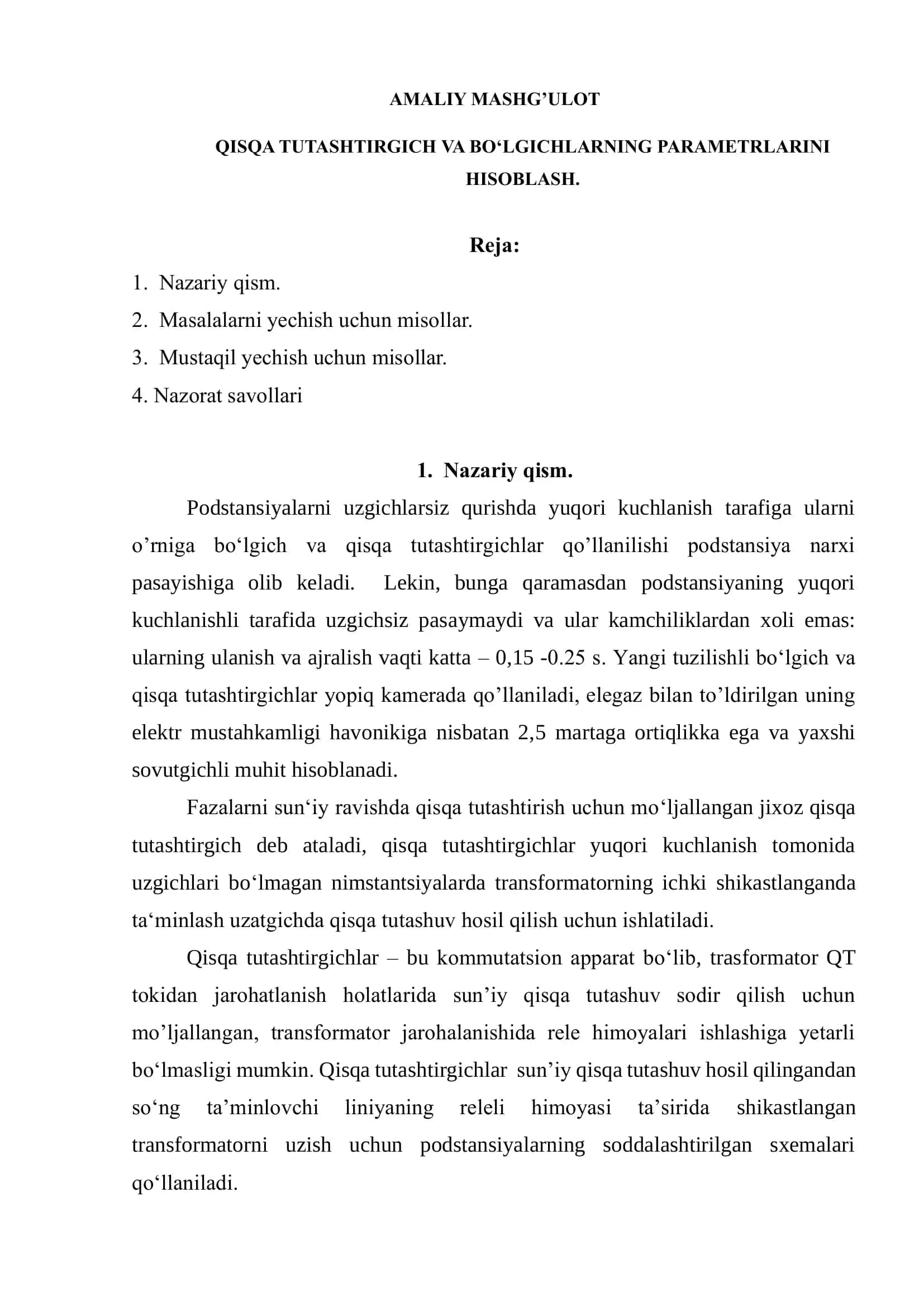 QISQA TUTASHTIRGICH VA BO‘LGICHLARNING PARAMETRLARINI HISOBLASH. 1