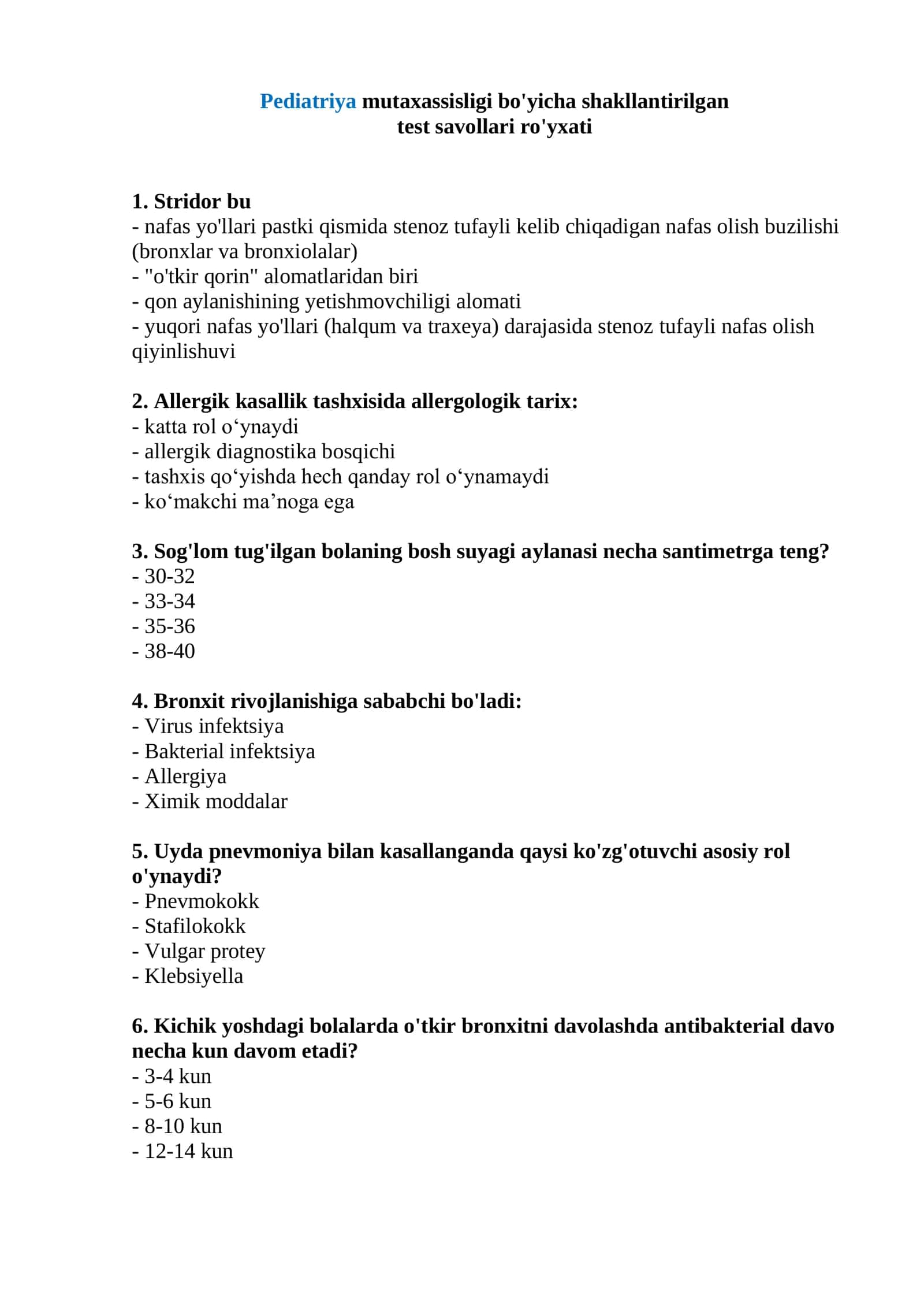 Pediatriya ordinatura va magistratura uchun test 1