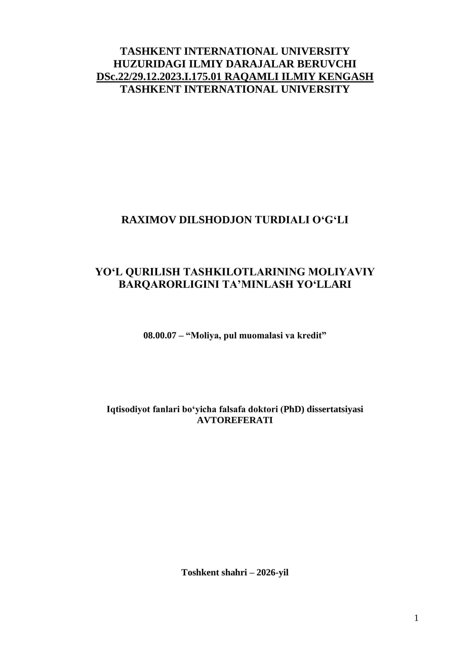 Iqtisodiyot fanlari boʻyicha falsafa doktori (PhD) dissertatsiyasi 1