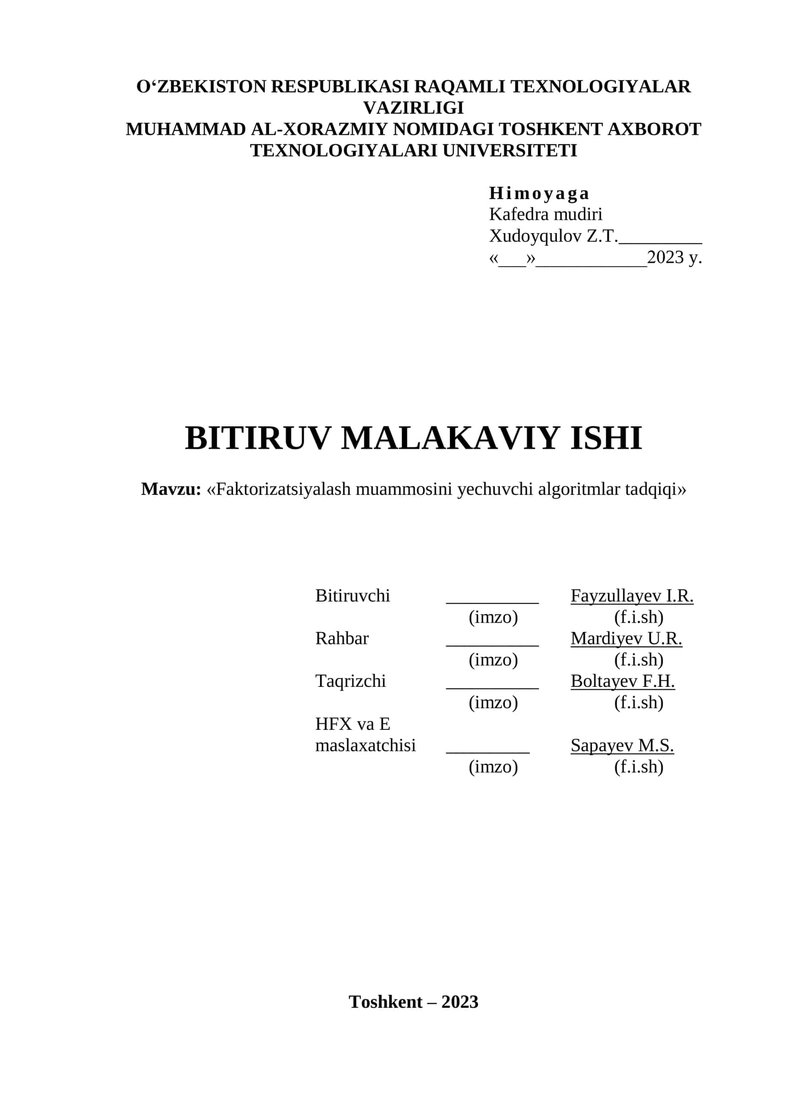 Faktorizatsiyalash muammosini yechuvchi algoritmlar tadqiqi 1