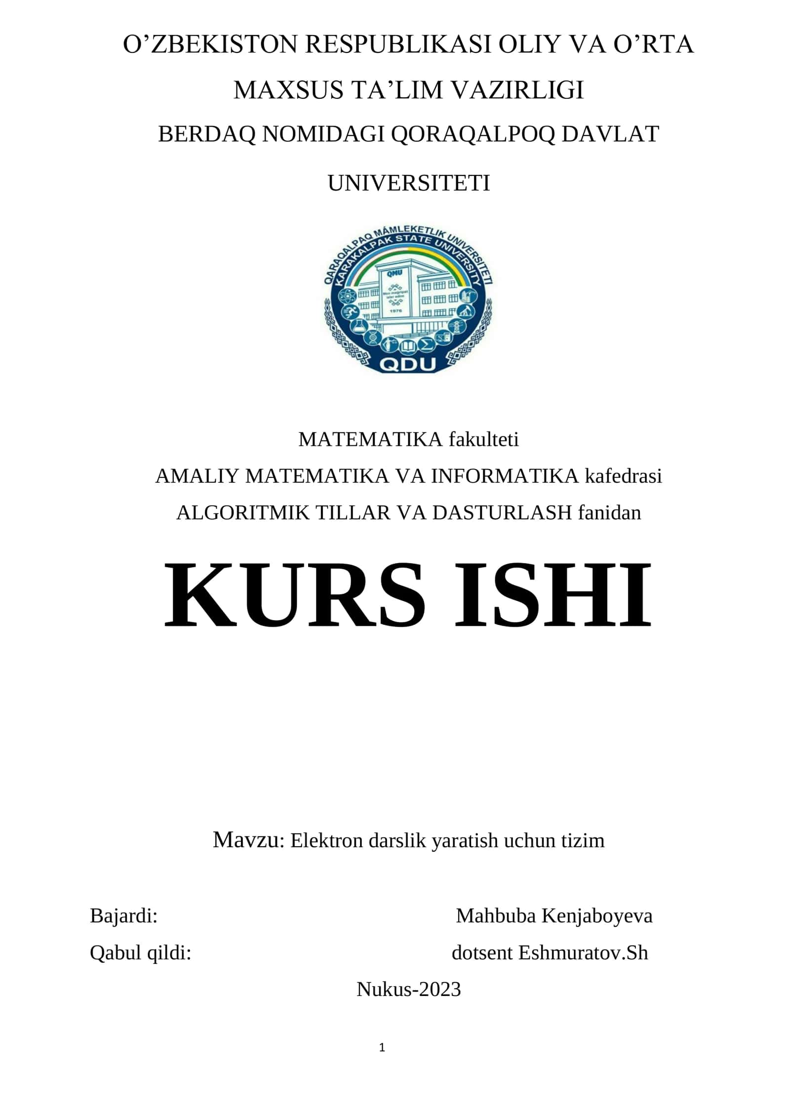 Elektron darslik yaratish uchun tizim kurs ishi 1